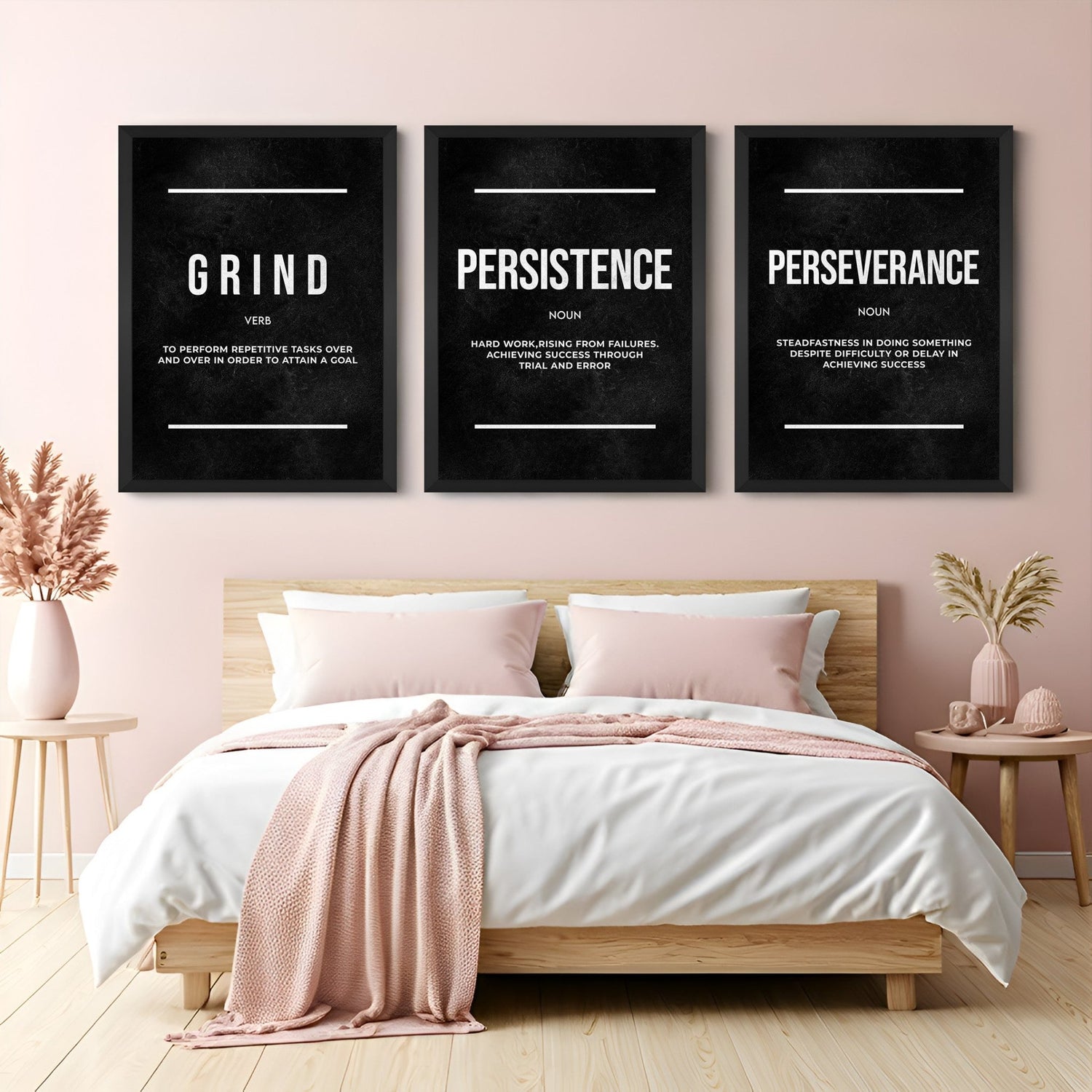 Set of 3 motivational word definition canvas prints featuring Grind, Persistence, and Perseverance – perfect for goal-focused and inspiring interiors
