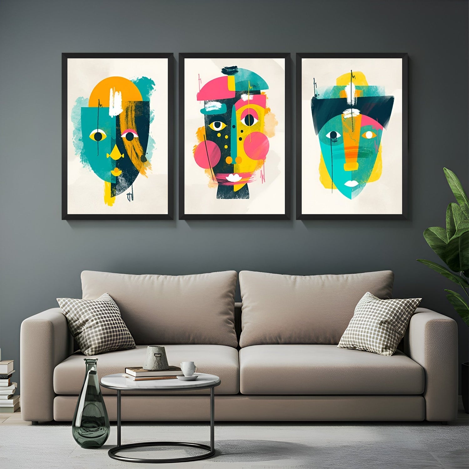 Wall display of a set of 3 canvas prints with minimalist Picasso face illustrations by DekoArte – ideal for living rooms and contemporary decor setups