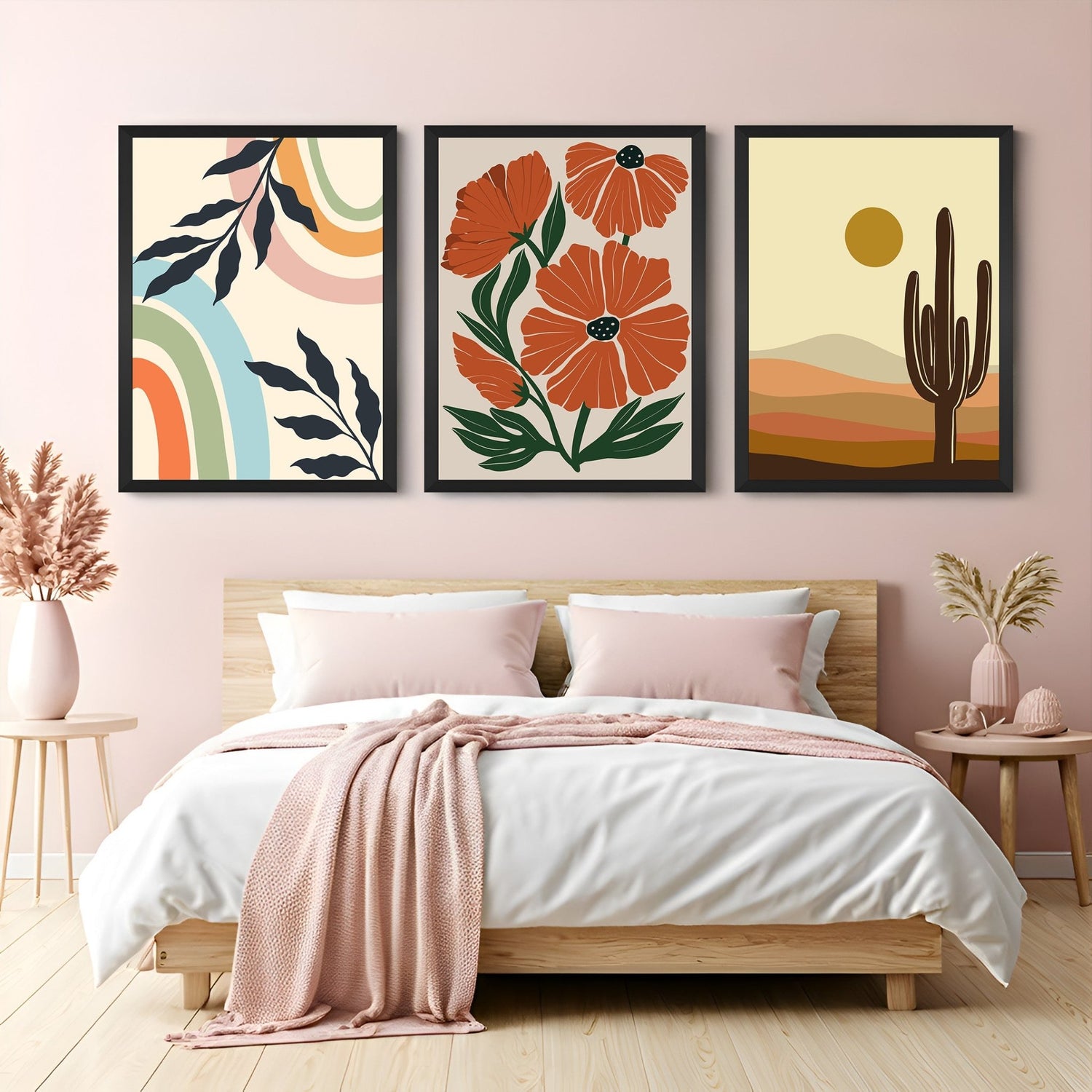 Boho canvas wall art trio with cactus at sunset, soft rainbow with leaves, and minimalist flower design – ideal for natural and calm settings