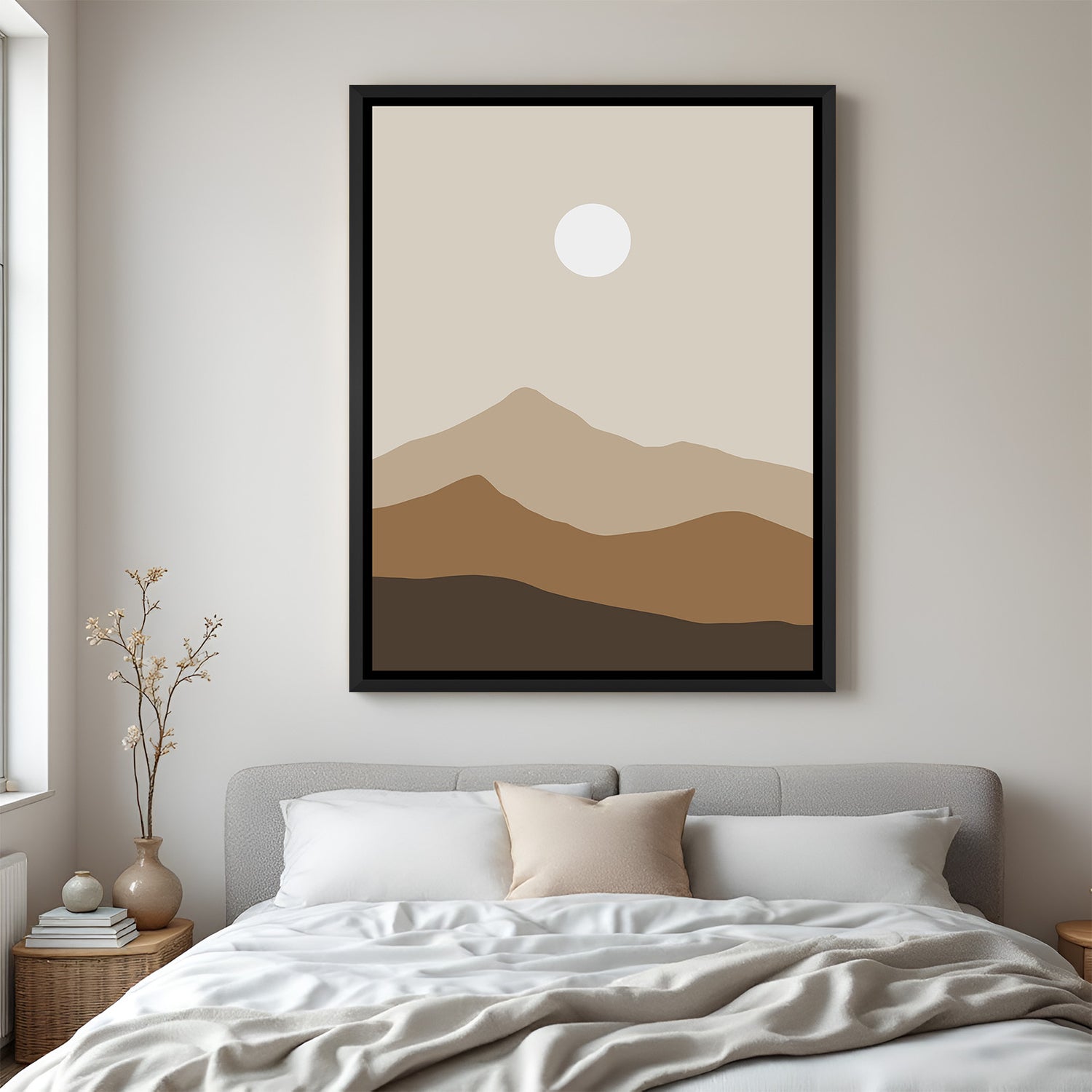 Black frame boho canvas print with soft desert forms, natural colors, and rising sun detail