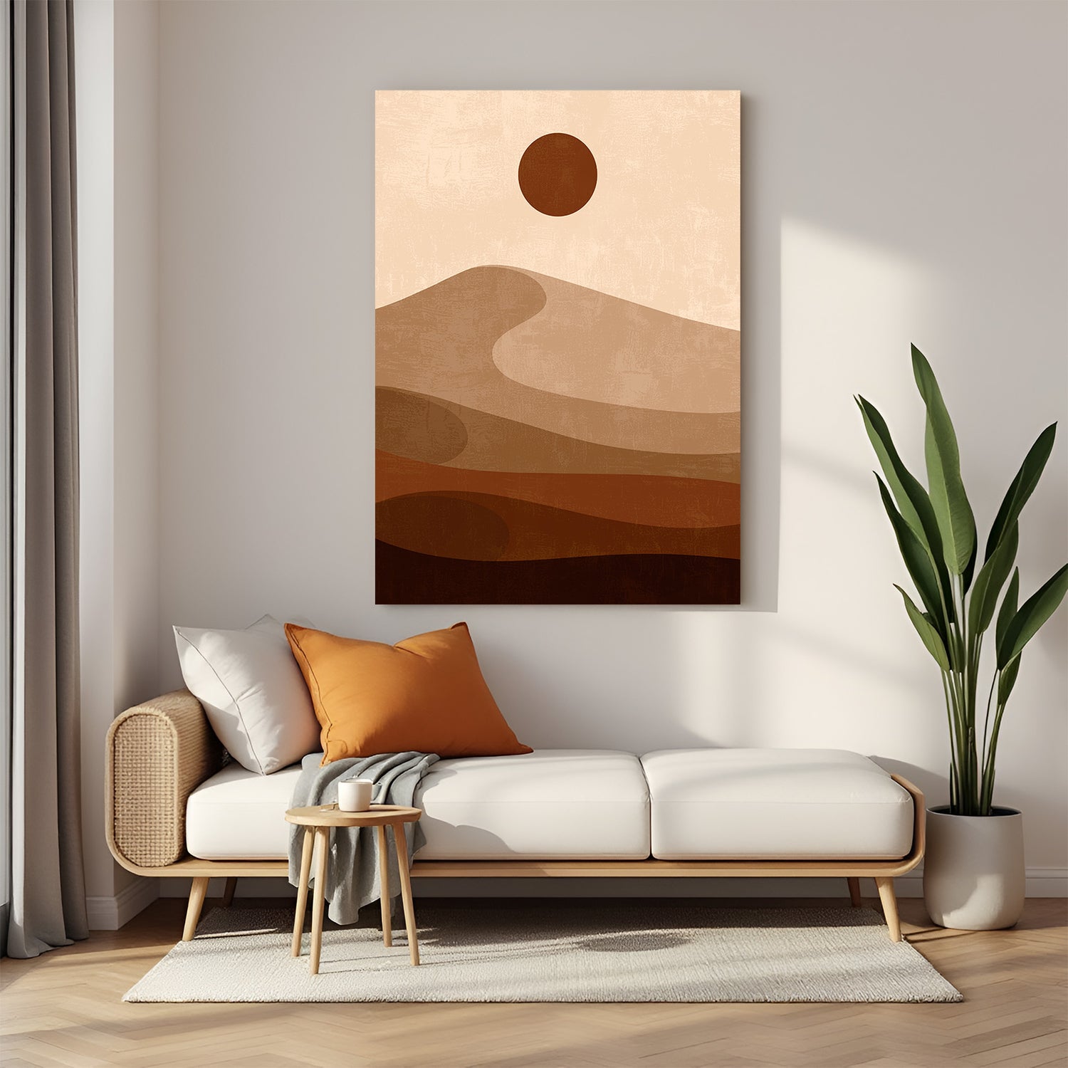 Boho canvas showing minimalist desert view with smooth sand layers and a soft circular sun