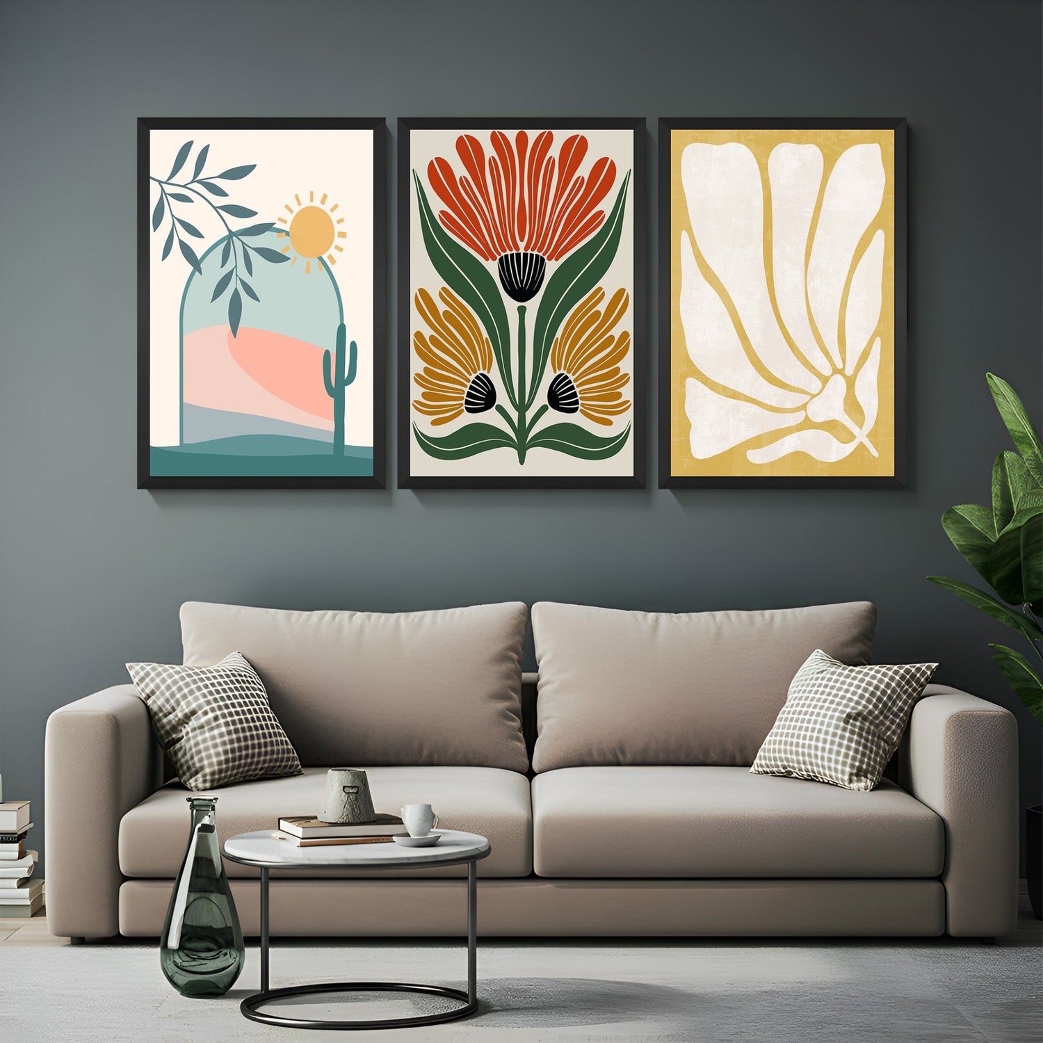 Bohemian wall art set with soft desert view, floral artwork, and flower print – ideal for modern, earthy home decor