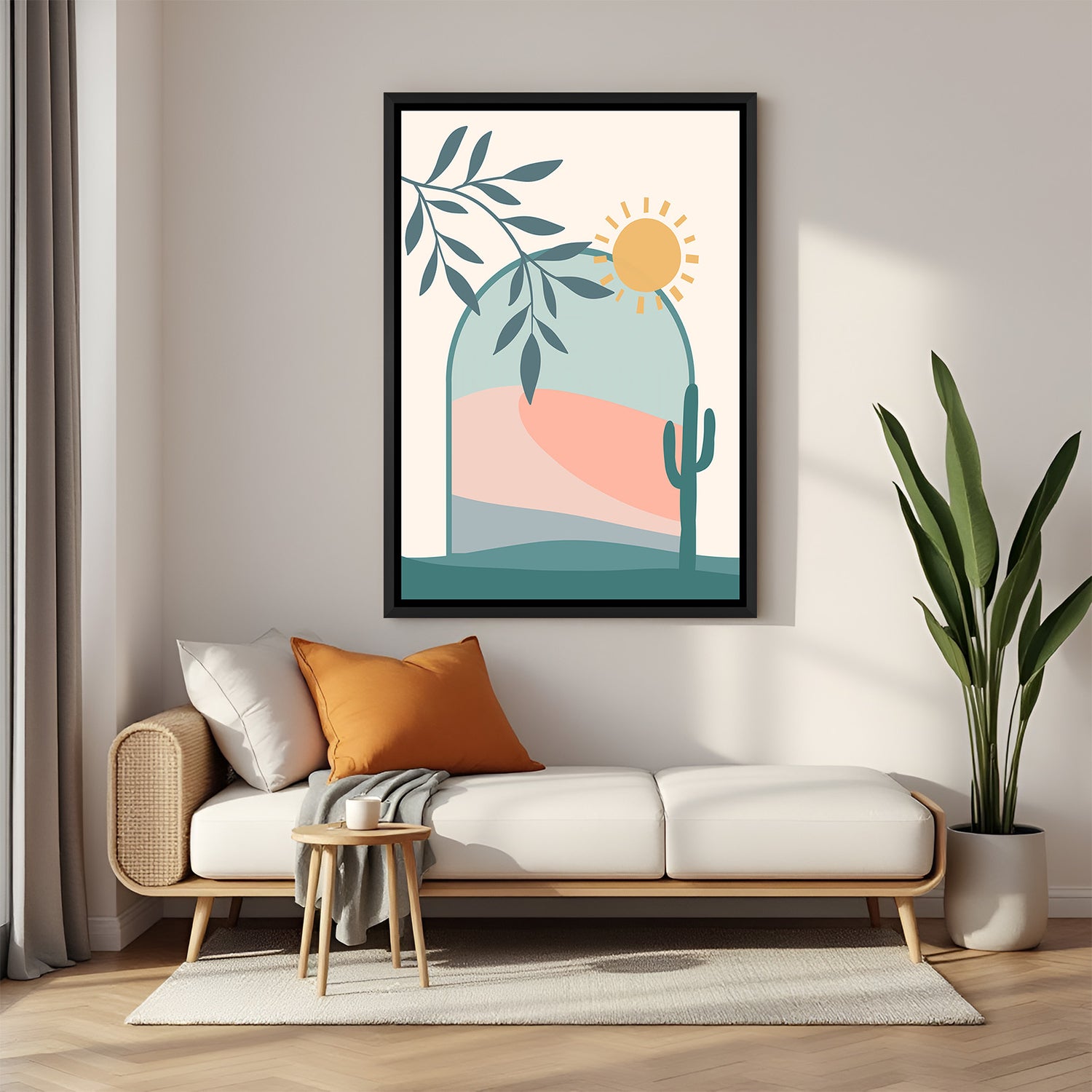 Black floater canvas print with desert landscape, pastel colors, cactus, and sun in minimal style