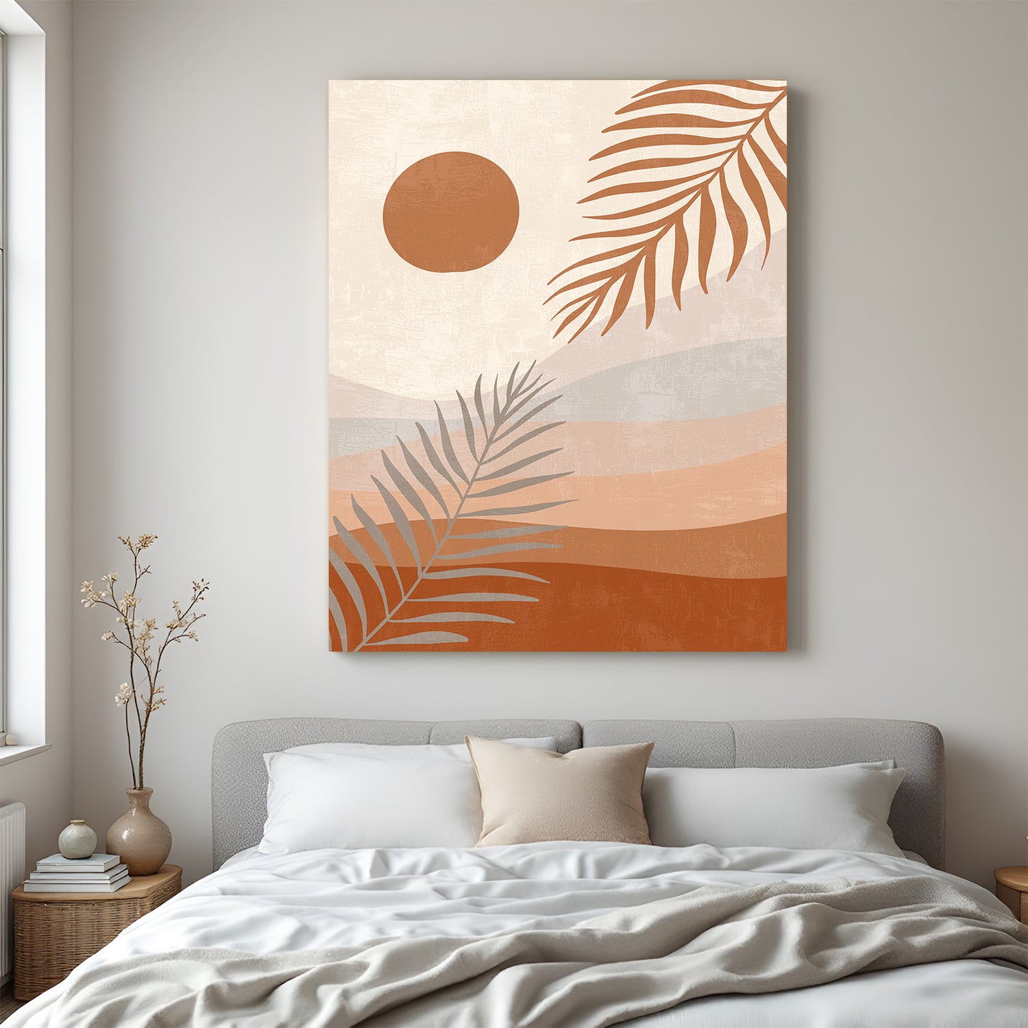 Boho canvas featuring two leafy stems, a sun, and soft desert landscape in earthy natural tones