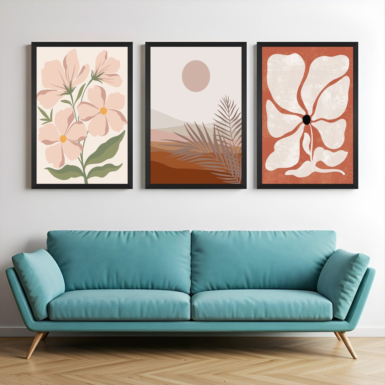 Set of 3 boho canvas prints with soft floral artwork, desert scene, and minimal botanical design – perfect for nature-inspired home decor