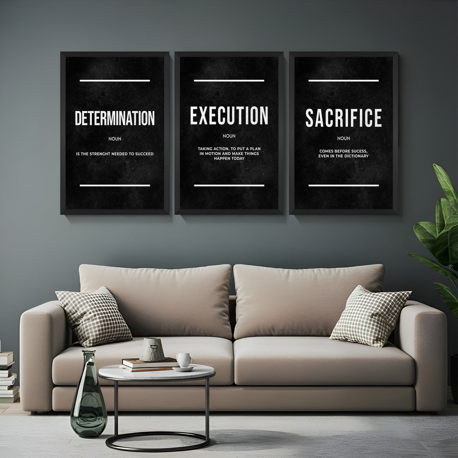 Black floater frame canvas wall art set of 3 featuring bold definitions of Determination, Execution, and Sacrifice – a sleek motivational decor piece for focused spaces like home offices, gyms, or startup environments.