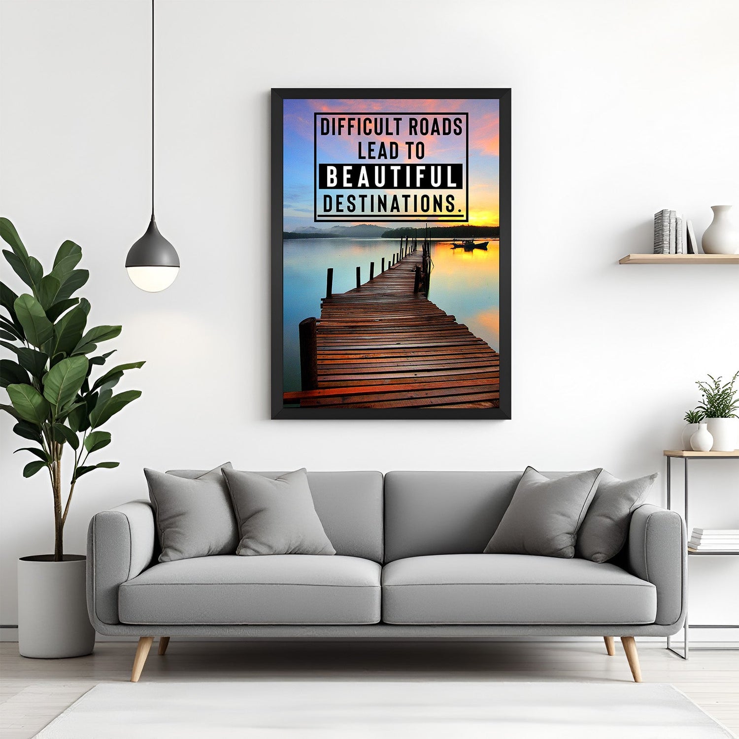 Motivational canvas wall art with black floater frame featuring difficult roads quote