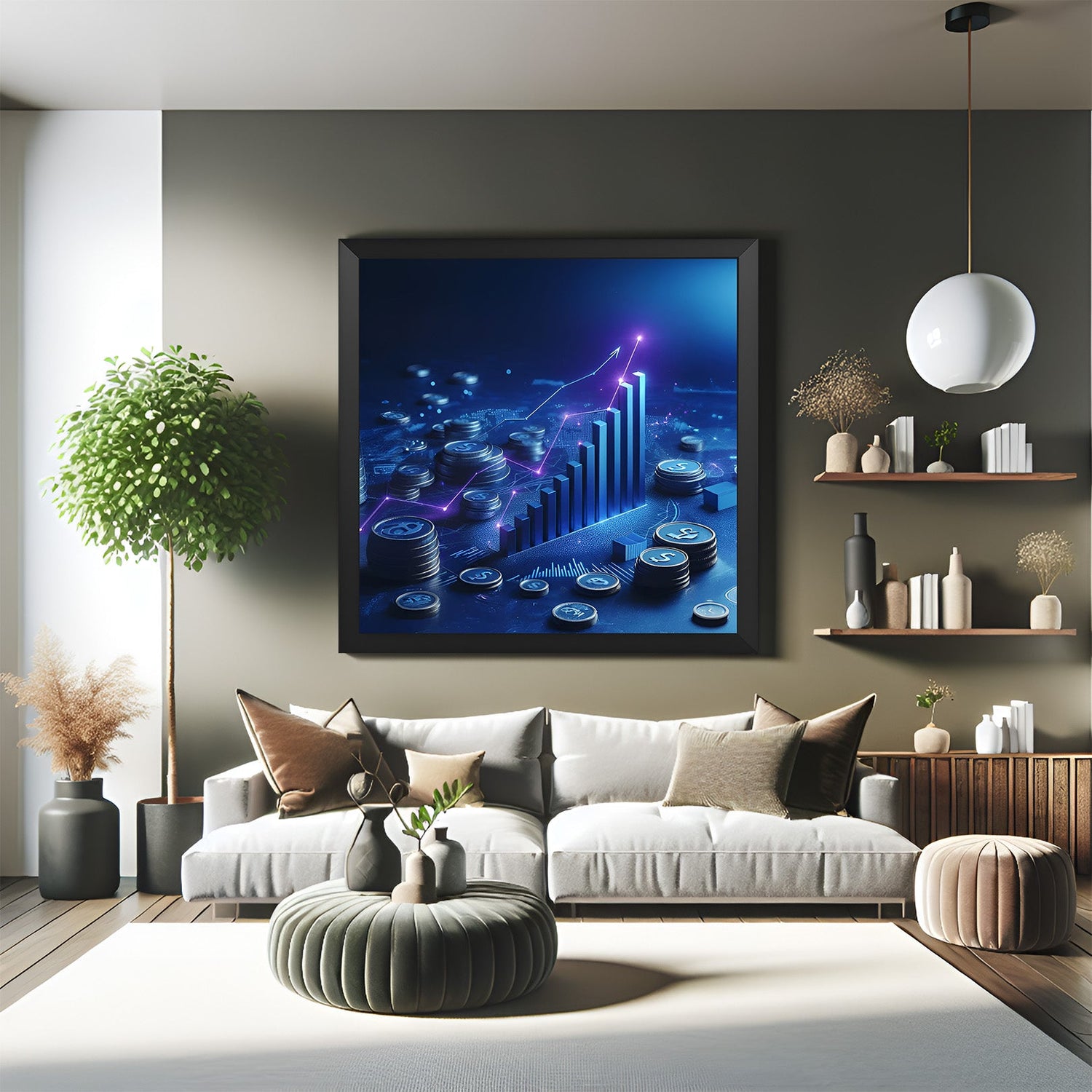 Framed digital style modern artwork of rising cryptocurrencies, showing upward momentum and perfect for home offices and bold financial wall decor