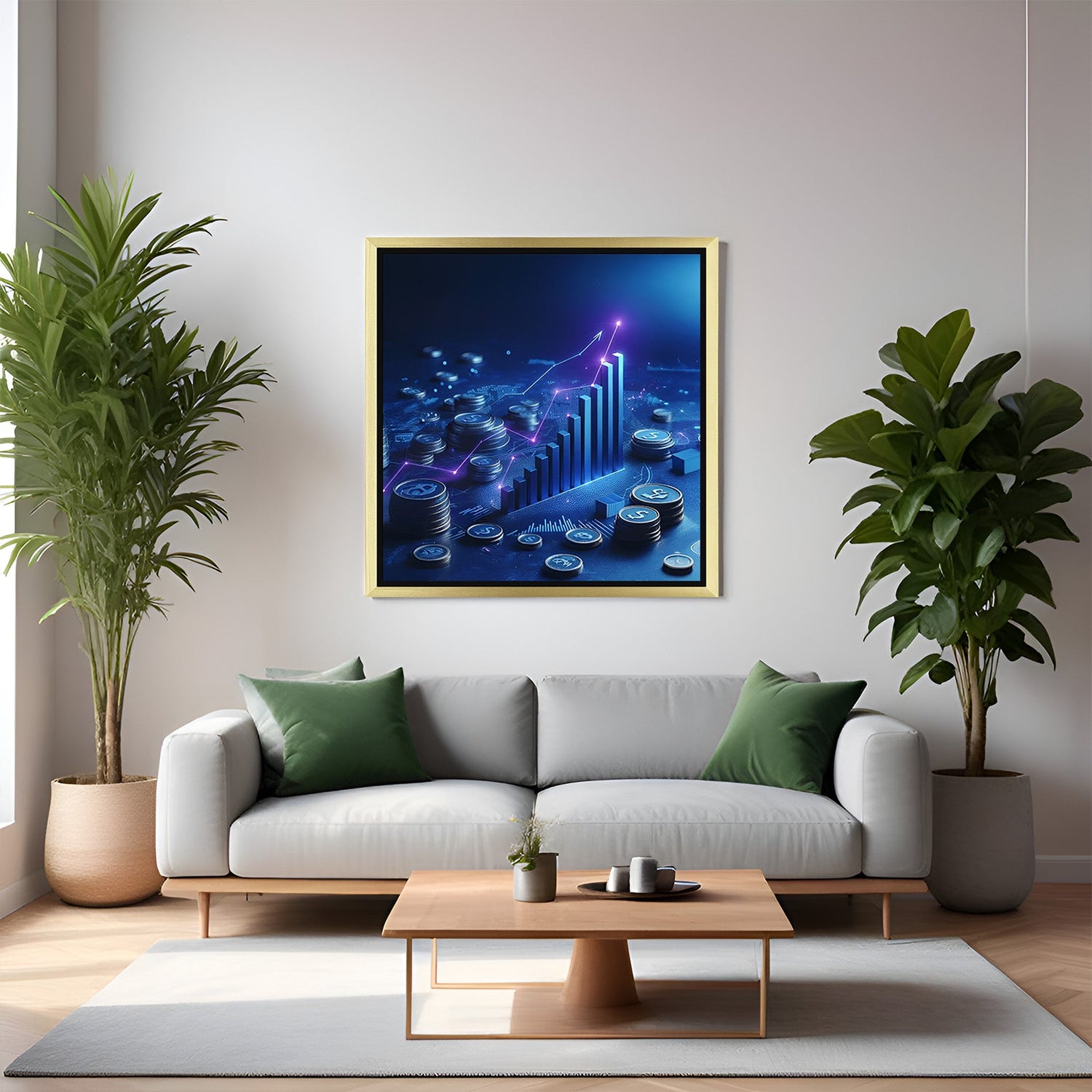 Golden frame version of crypto-inspired canvas art with currencies soaring upward like stocks in modern digital style for stylish interior walls
