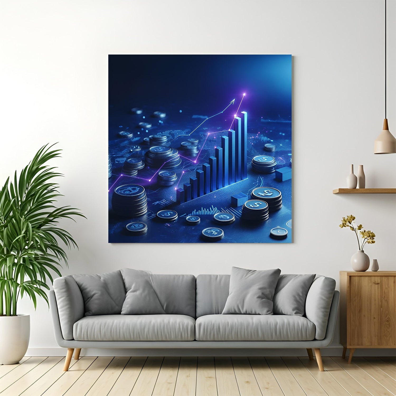 Modern digital art showing Bitcoin and other cryptocurrencies shooting up like stocks, symbolizing financial growth and innovation in wall decor