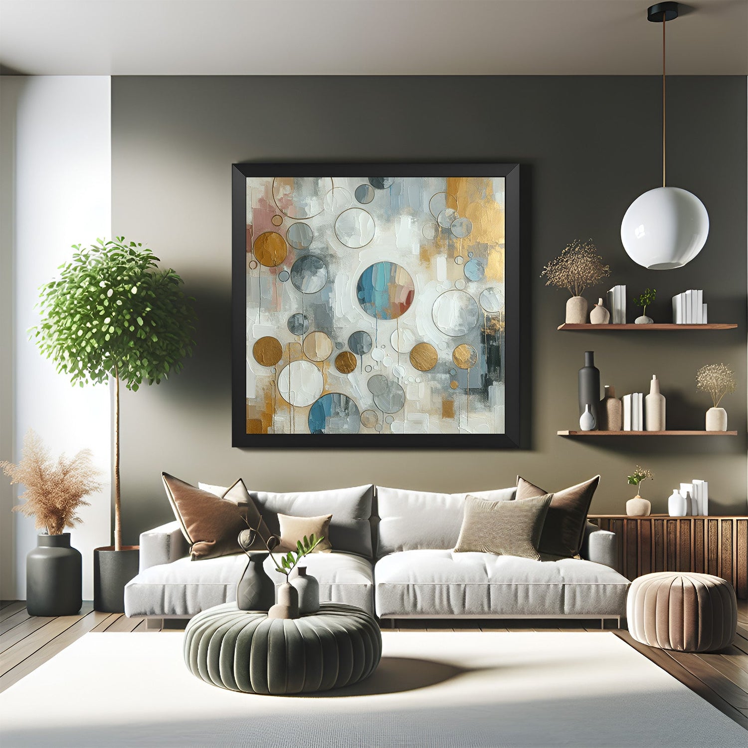 Canvas wall art with distorted colors and irregular circles in black floater frame – bold abstract design for interiors
