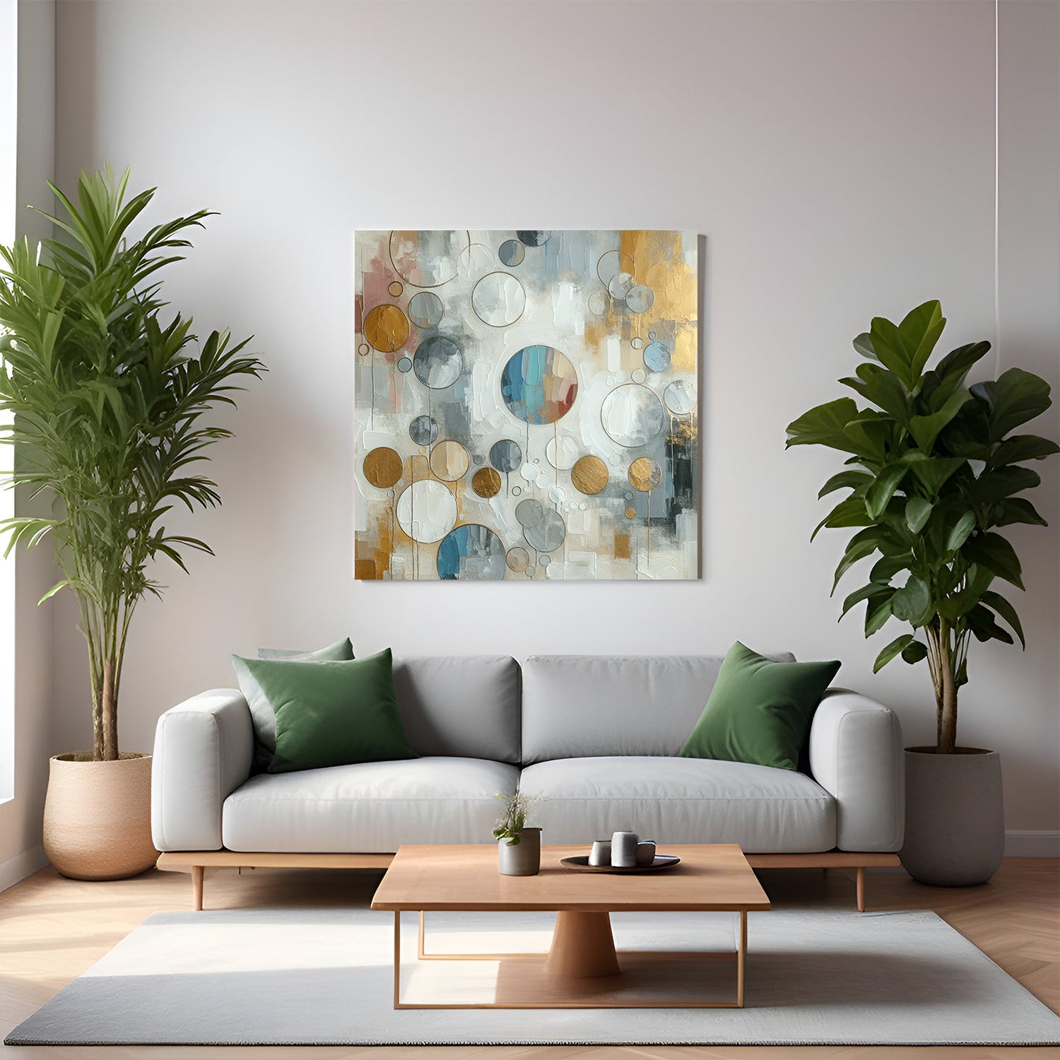 Abstract canvas art featuring distorted paint effects and scattered circular shapes – modern wall decor with colorful geometry