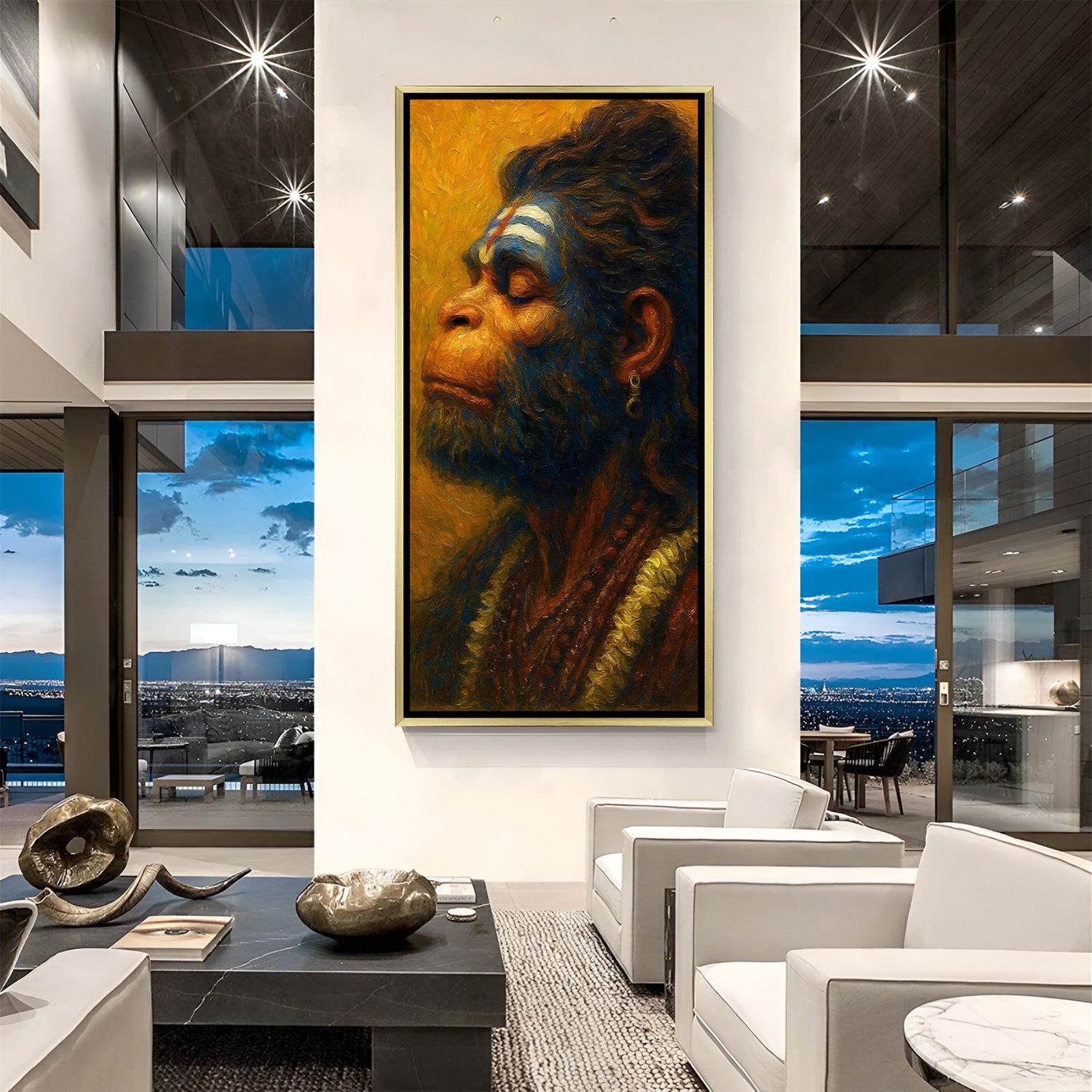 Divine Aura Hanuman artwork in luxury golden floater frame featuring blue-toned Hanuman portrait