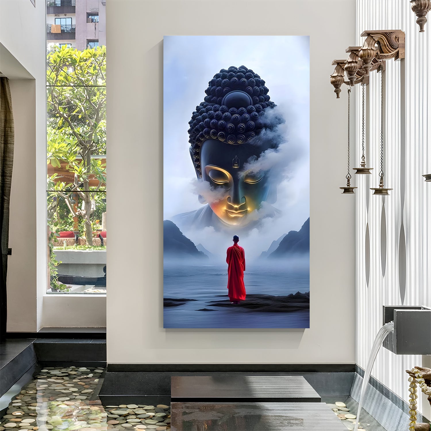 Divine Buddha Arrival canvas painting with mystical mountain spiritual artwork in canvas wrapped frame