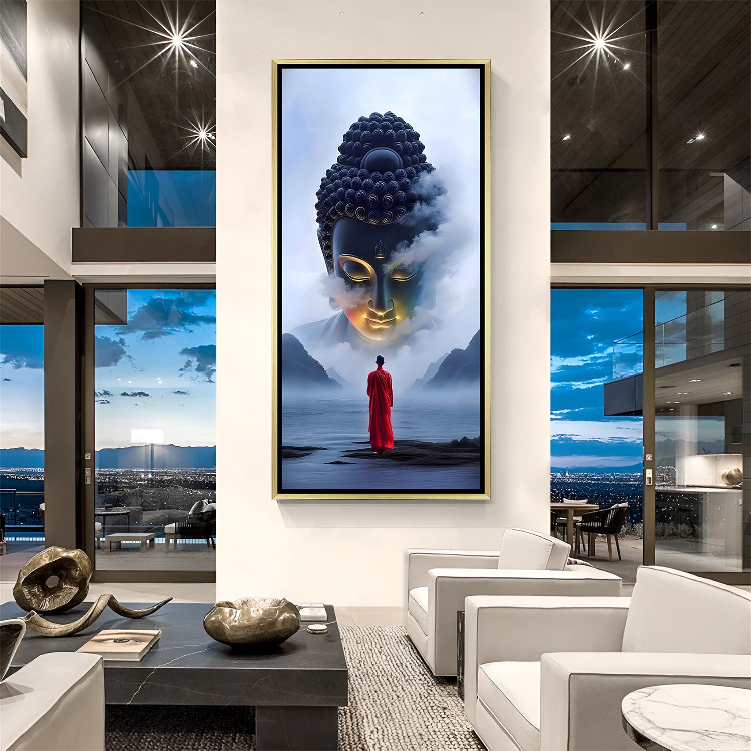 Divine Buddha Arrival wall art in luxury golden floater frame with cloudy mountain scenery