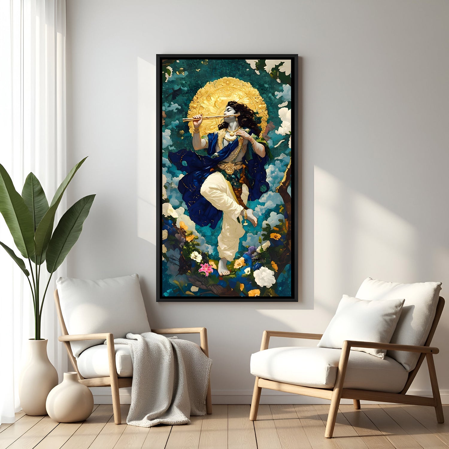 Krishna flute divine wall painting with floral background in elegant black floater frame for spiritual decor
