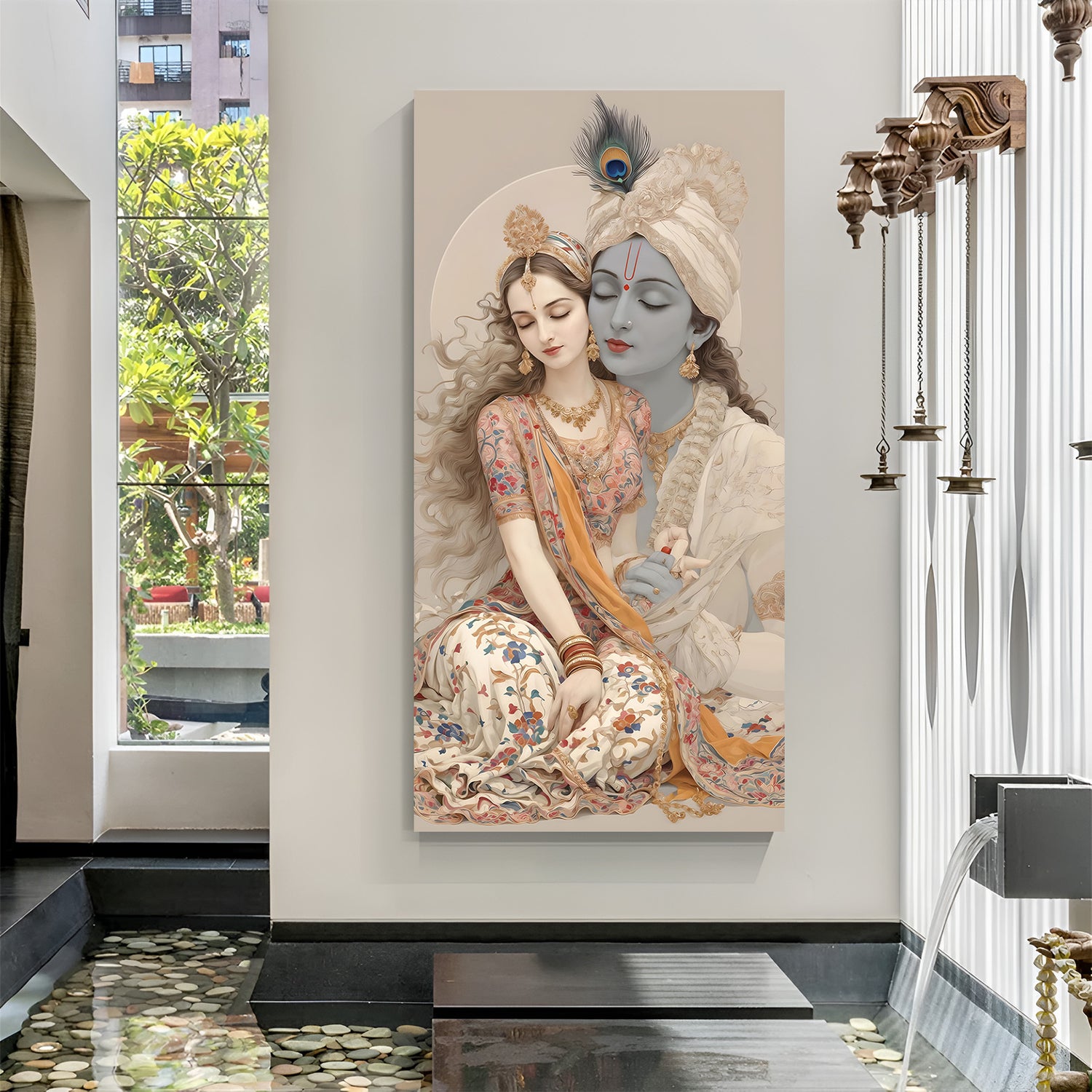 Vertical Radha Krishna canvas wall art with soft beige tones and peacock feather crown.