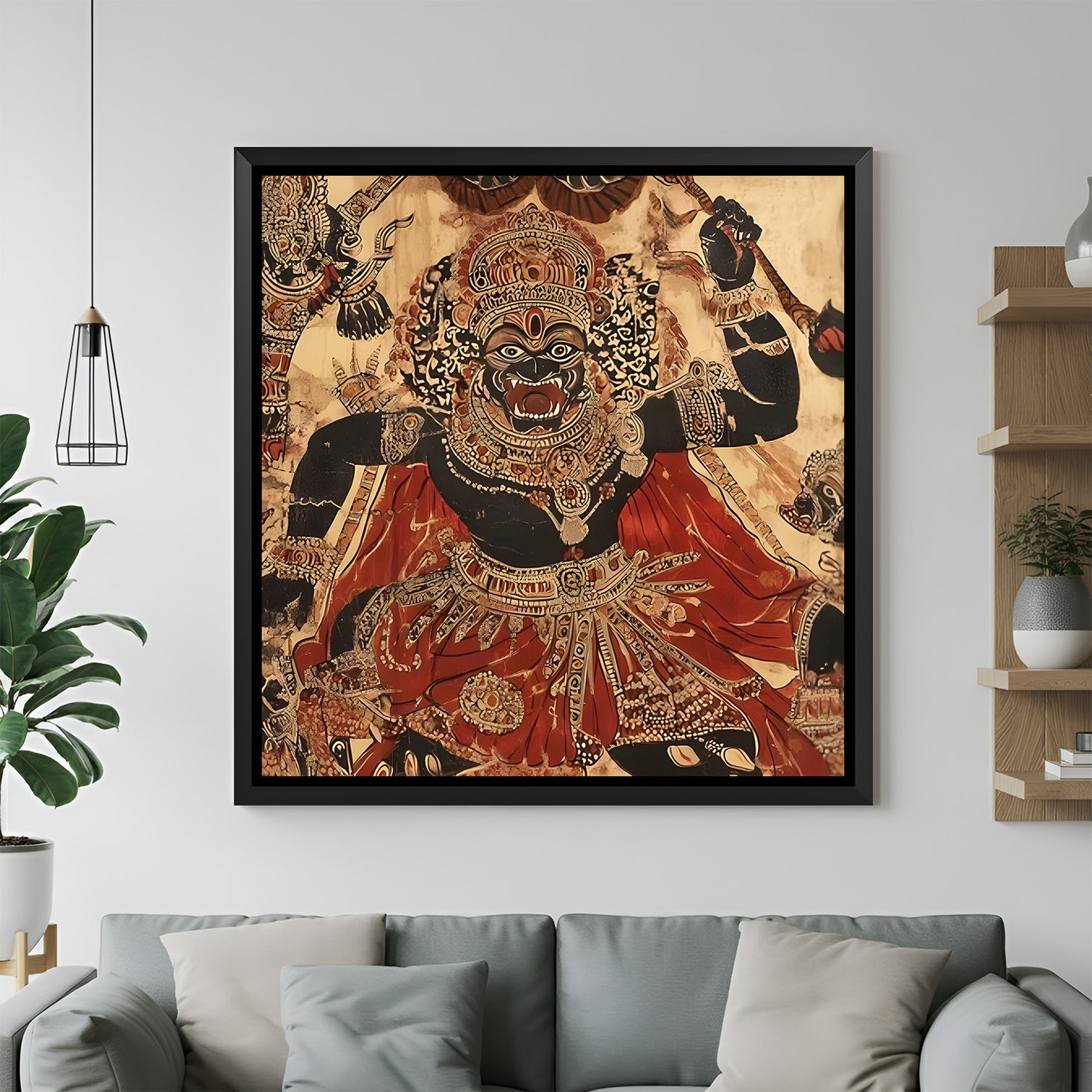 Kali Mata Kalamkari wall painting in elegant black floater frame with traditional Indian artwork
