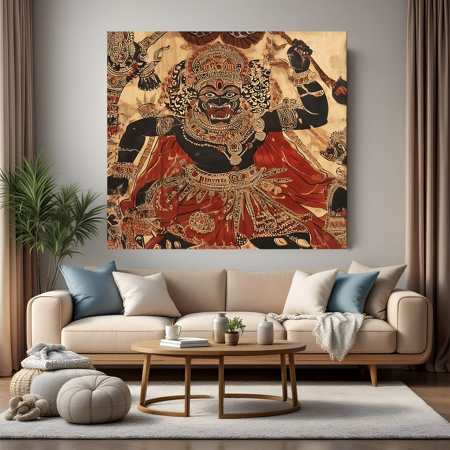 Divine Kali Mata Kalamkari canvas wall art in premium canvas wrapped frame with traditional mythological detailing