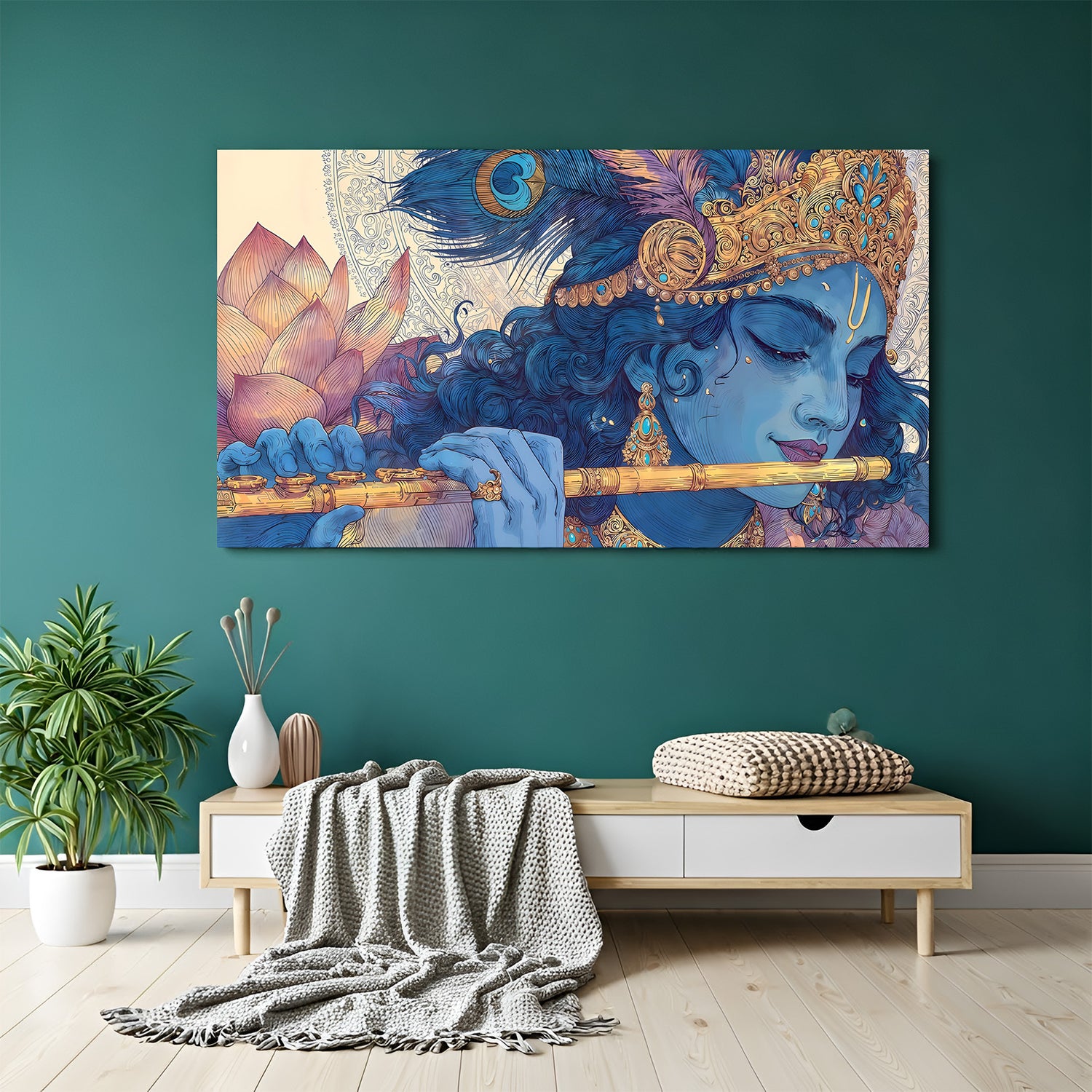 Panoramic Lord Krishna flute wall art featuring blue tones, golden crown, and lotus background.