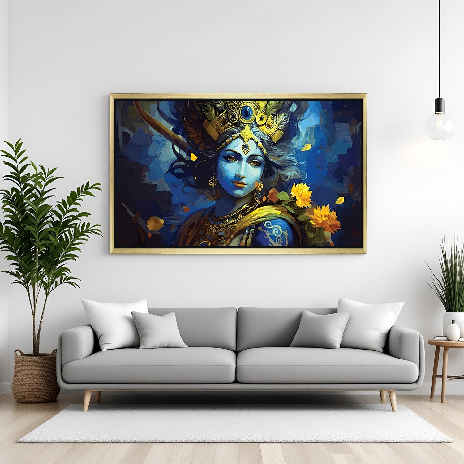 Golden frame Krishna canvas painting for spiritual Vastu decor in office and home wall settings