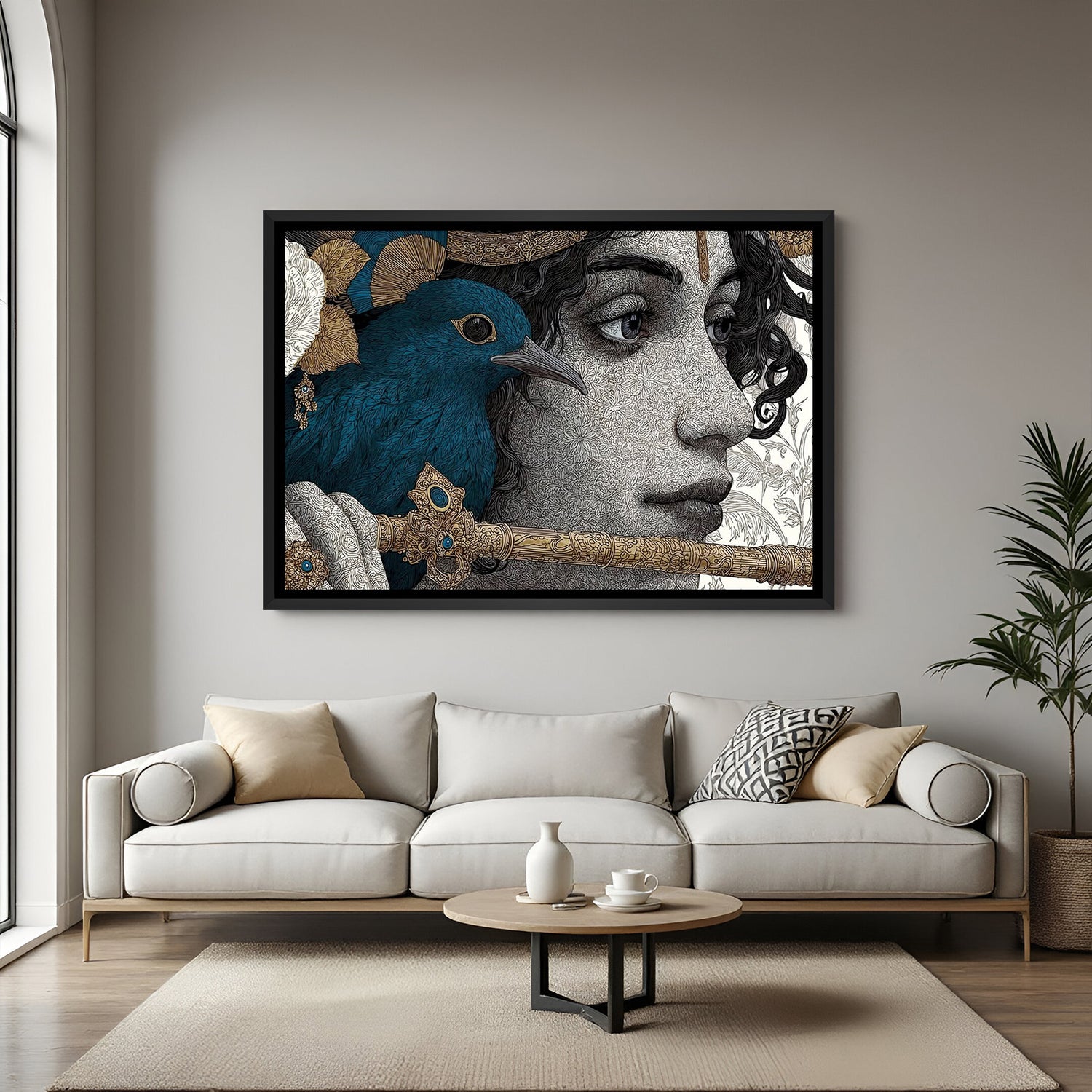 Krishna flute face canvas painting in elegant black floater frame for modern spiritual home décor