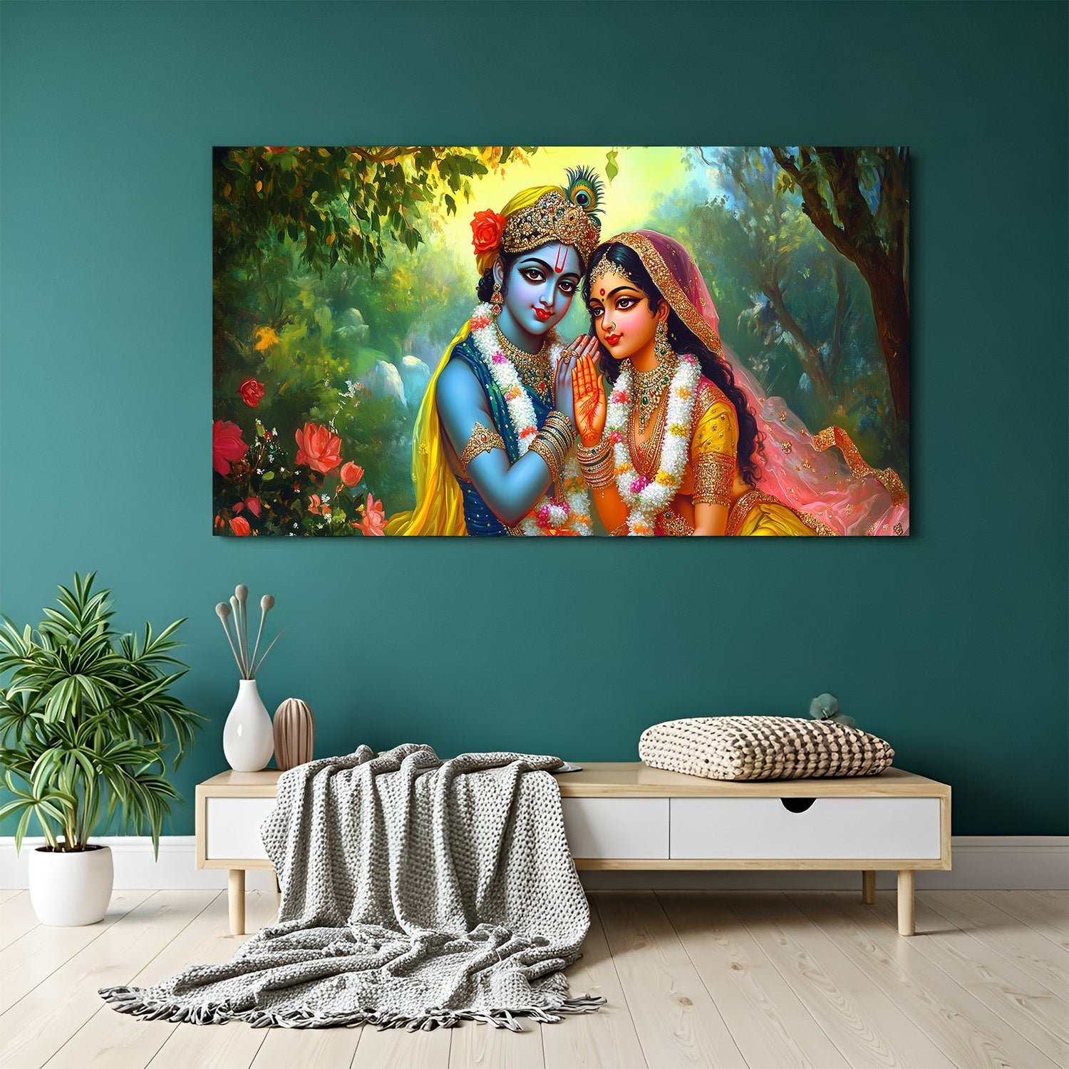 Divine Radha Krishna large canvas wall art symbolizing spiritual harmony, strength, and positive energy for home and office decor
