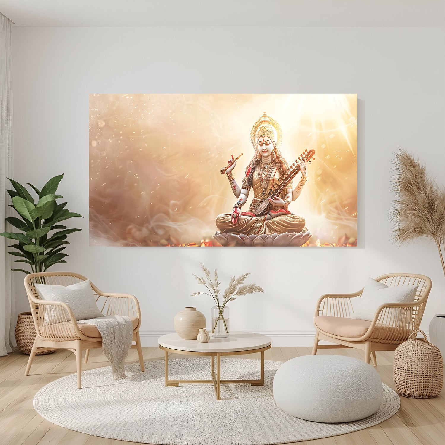 Saraswati goddess golden glow veena canvas wall art in gallery wrapped format.