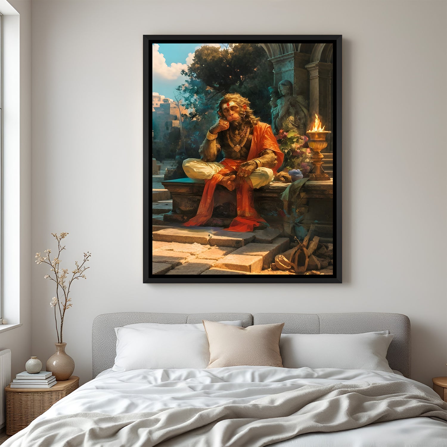 Peaceful seated Hanuman artwork with calm spiritual aura in elegant black floater frame
