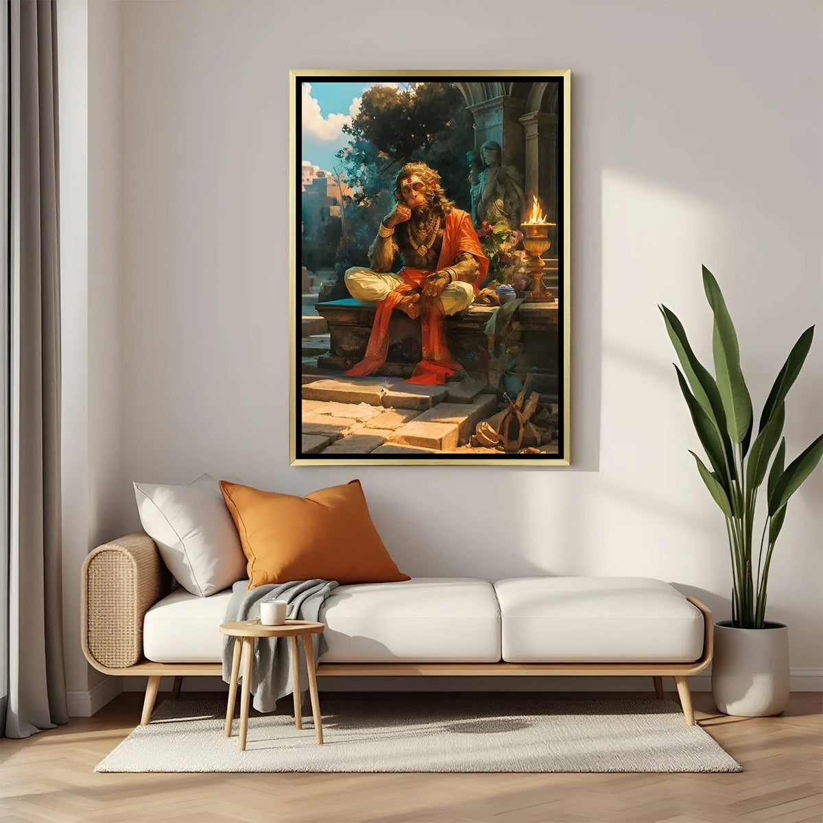 Divine Repose Hanuman painting in luxury golden floater frame featuring a serene resting posture