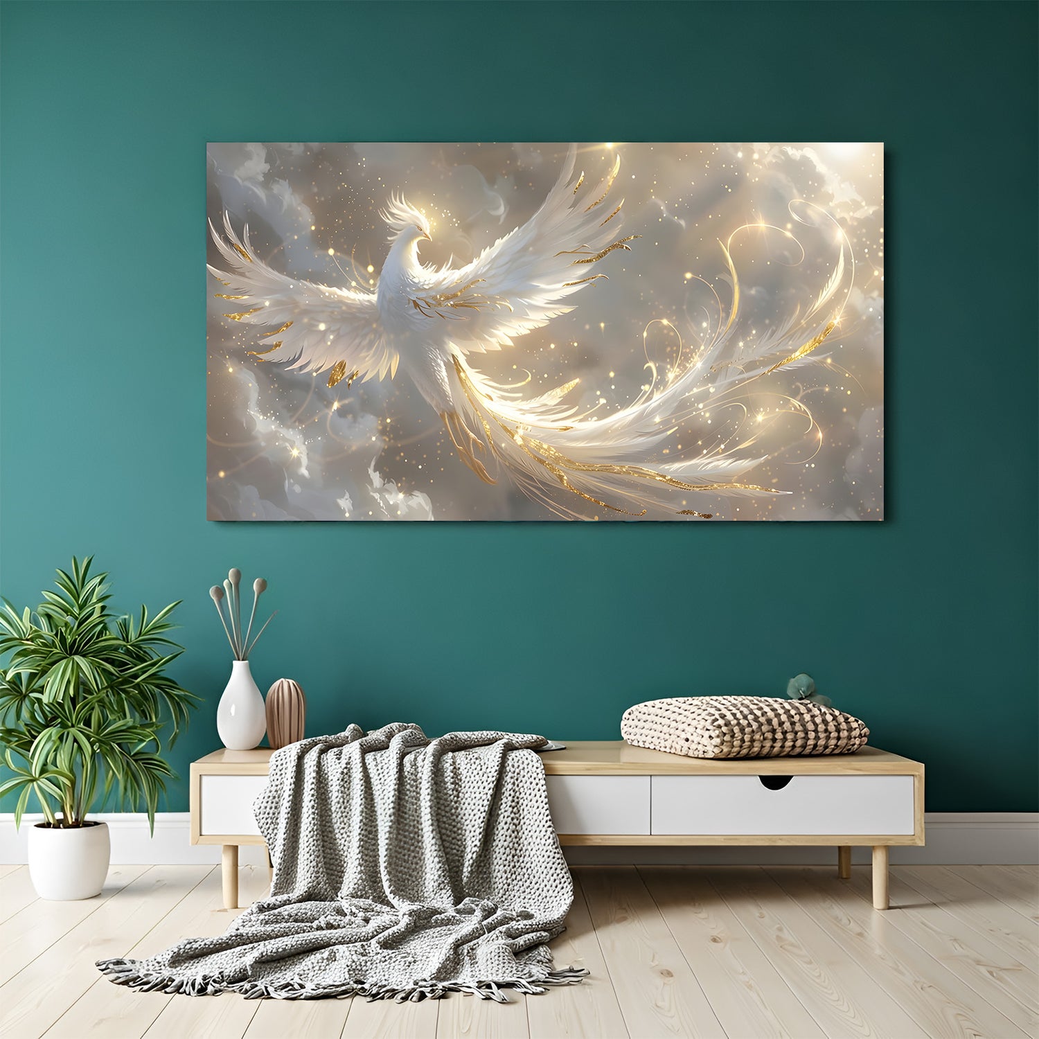 Large panoramic white phoenix wall art with golden accents soaring through soft celestial clouds.