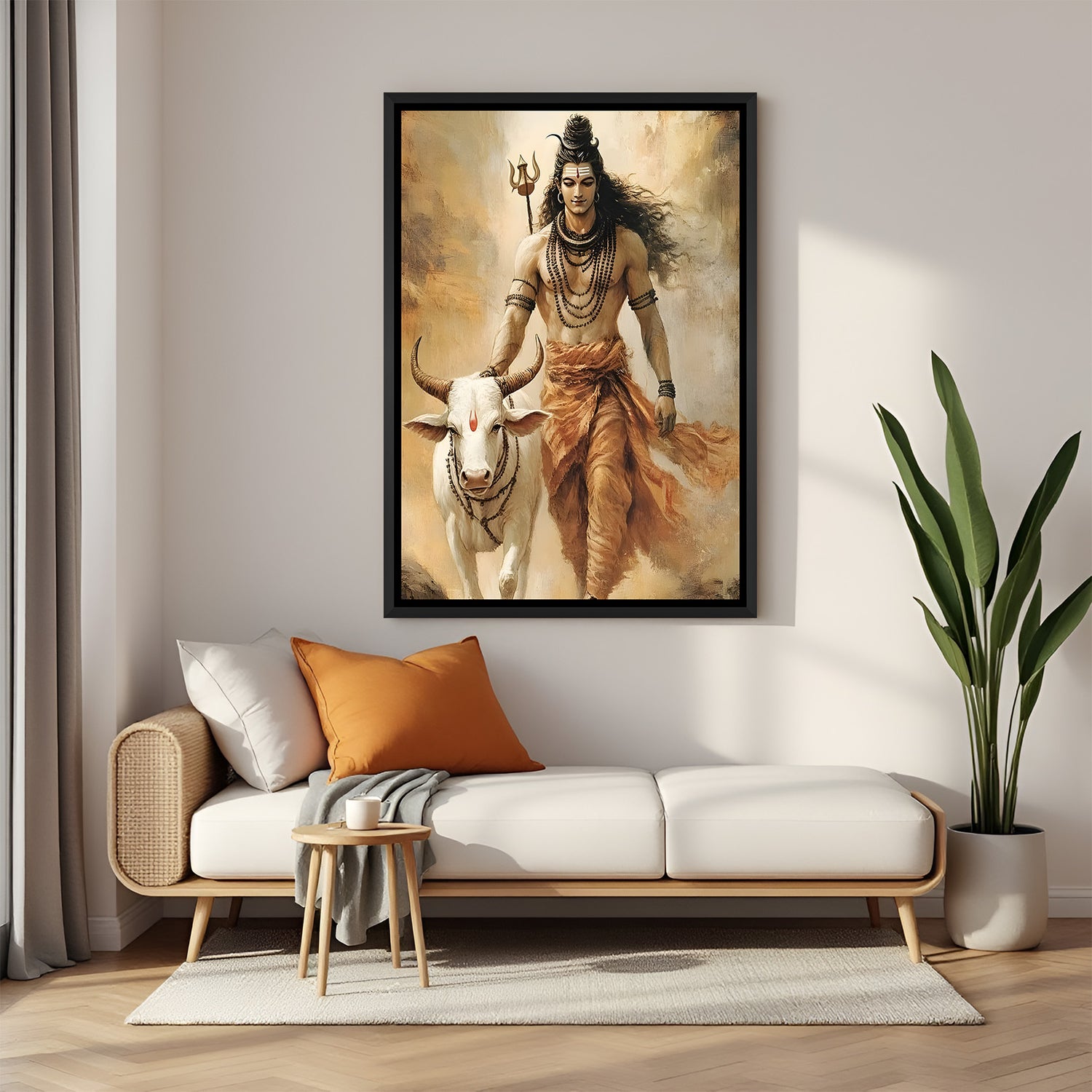 Shiva walking with Nandi black floater frame wall art modern Mahadev painting for living room