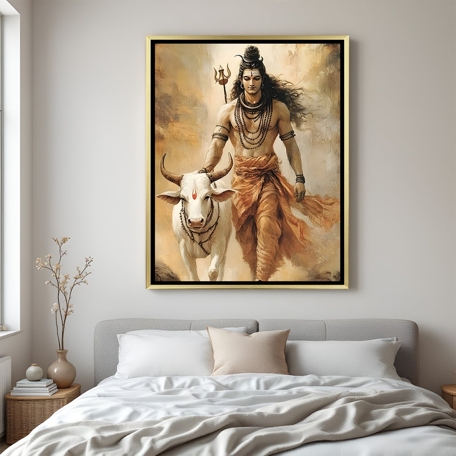 Lord Shiva with Nandi golden floater frame canvas wall art premium spiritual painting for luxury interiors