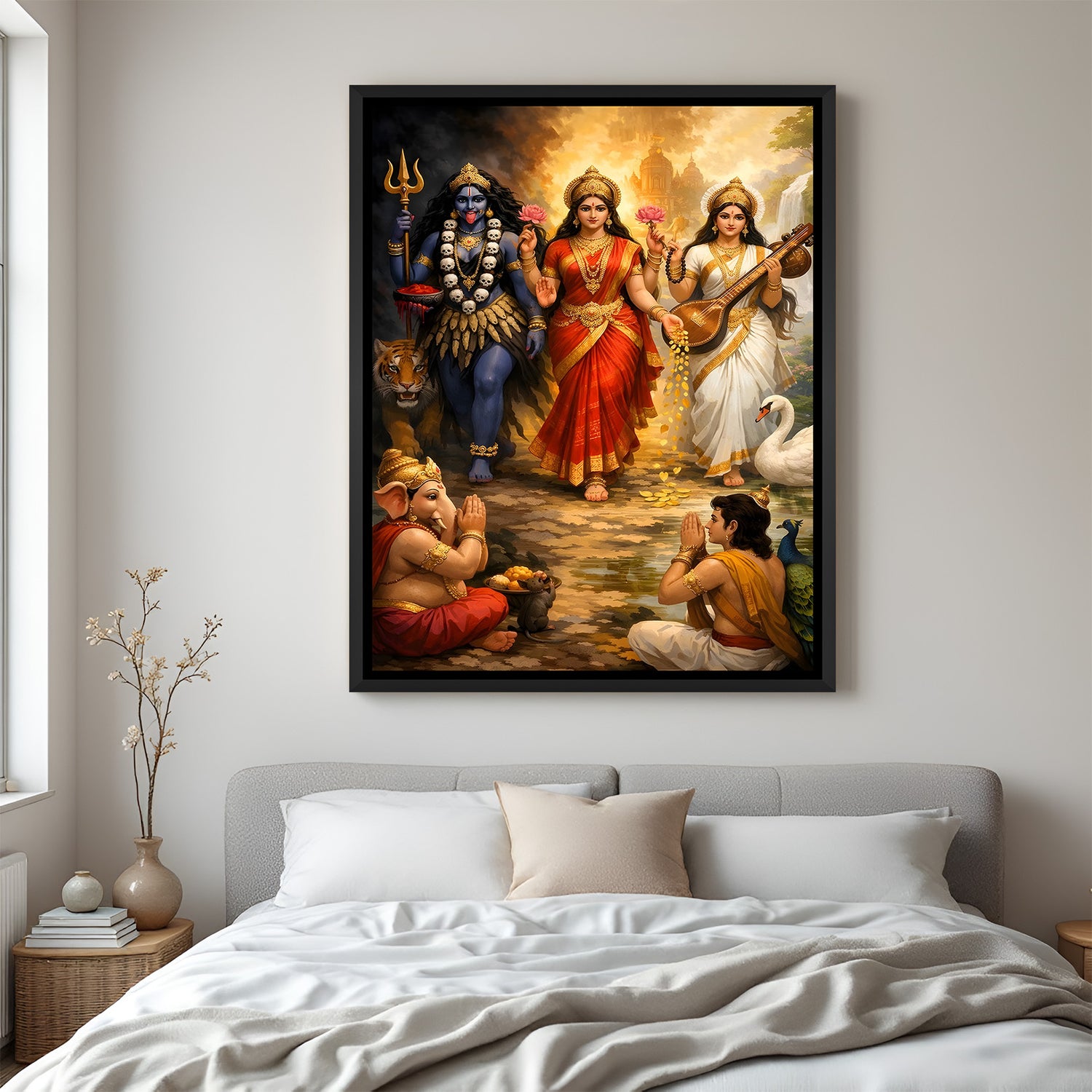 Divine Trinity Procession wall painting in black floater frame featuring three Hindu goddesses with sacred companions and divine blessings