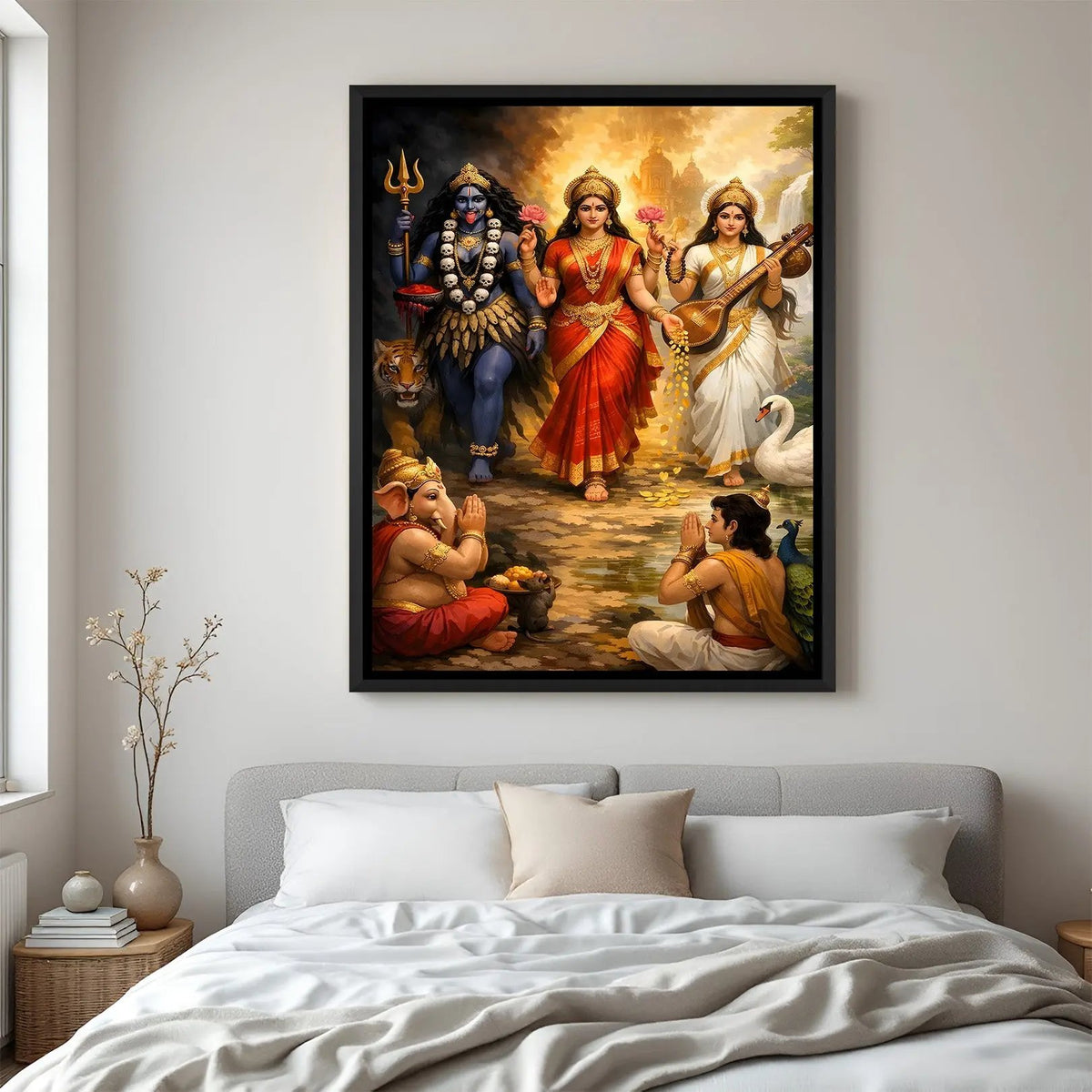 Divine Trinity Procession wall painting in black floater frame featuring three Hindu goddesses with sacred companions and divine blessings