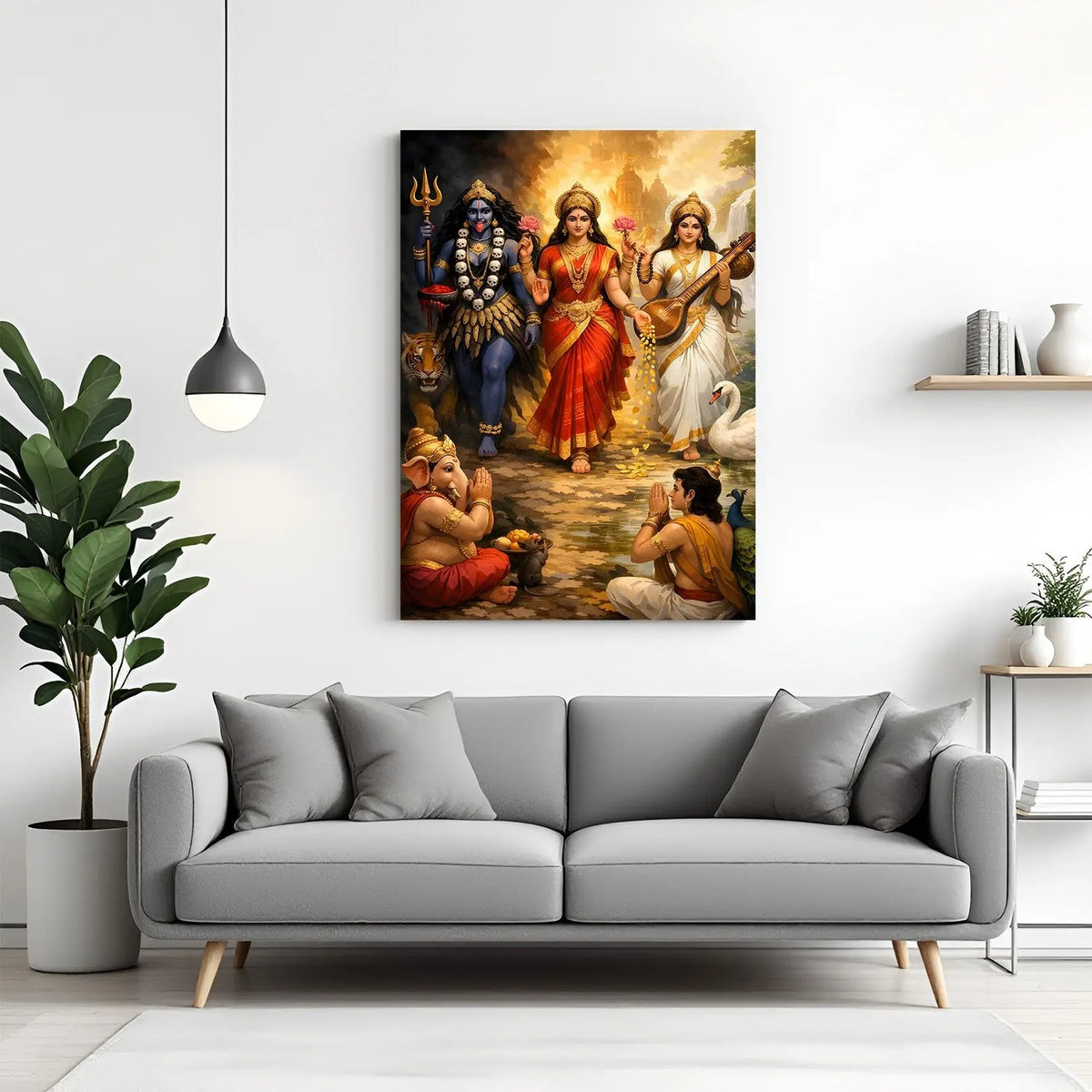 Divine Trinity Procession canvas wall art featuring Lakshmi Mata, Saraswati Mata, and Kali Mata with Ganesha and Kartikeya in premium canvas wrapped frame