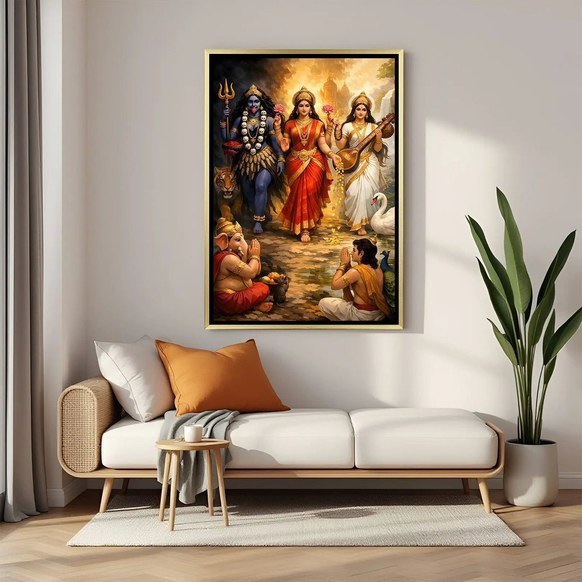 Divine Trinity Procession artwork in luxury golden floater frame featuring Lakshmi Mata, Saraswati Mata, Kali Mata, Ganesha, and Kartikeya