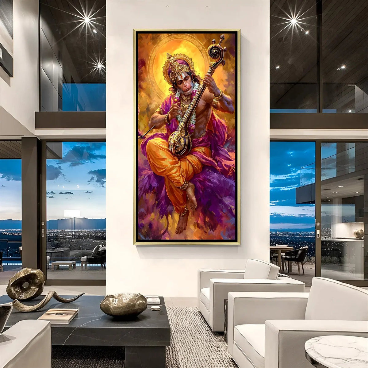 Divine Hanuman artwork playing Veena in luxury golden floater frame with celestial golden halo