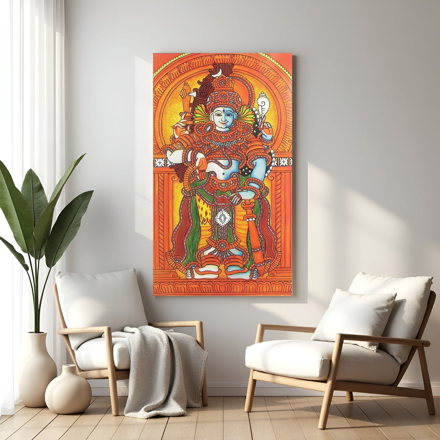Divine Vishnu Kerala mural canvas wall art in premium canvas wrapped frame with traditional South Indian detailing