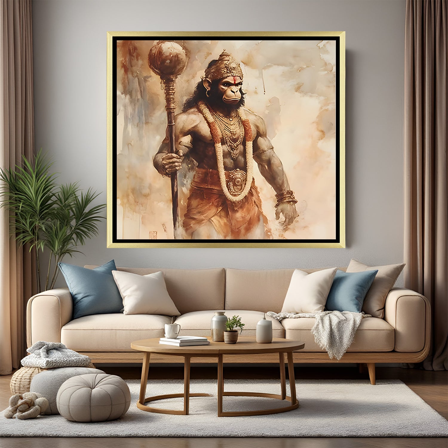 Divine Warrior Hanuman wall art displayed in luxurious golden floater frame adding premium spiritual touch to interior space.