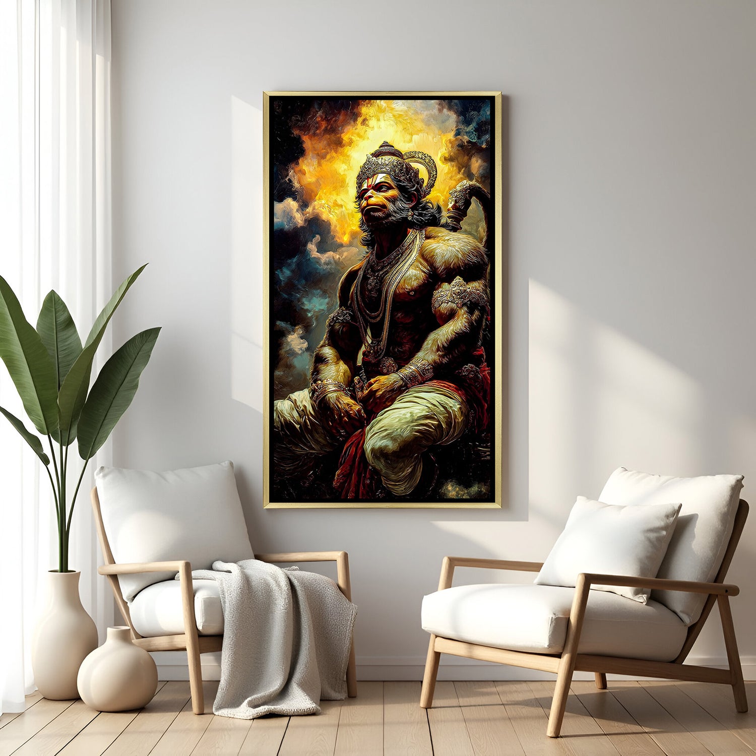 Majestic Hanuman Ji wall art in gold frame with radiant aura effect.