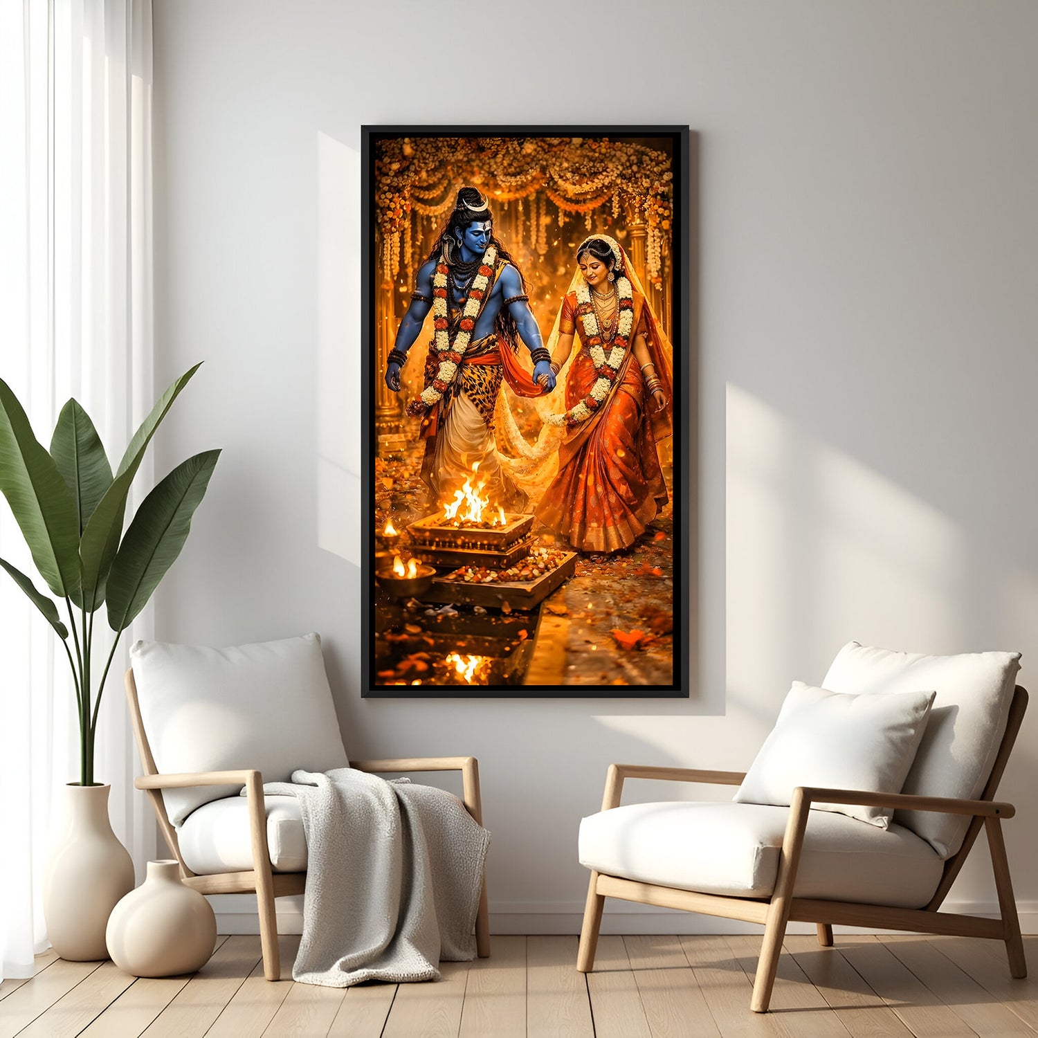 Shiv Parvati Vivah artwork in elegant black floater frame featuring the sacred wedding ritual