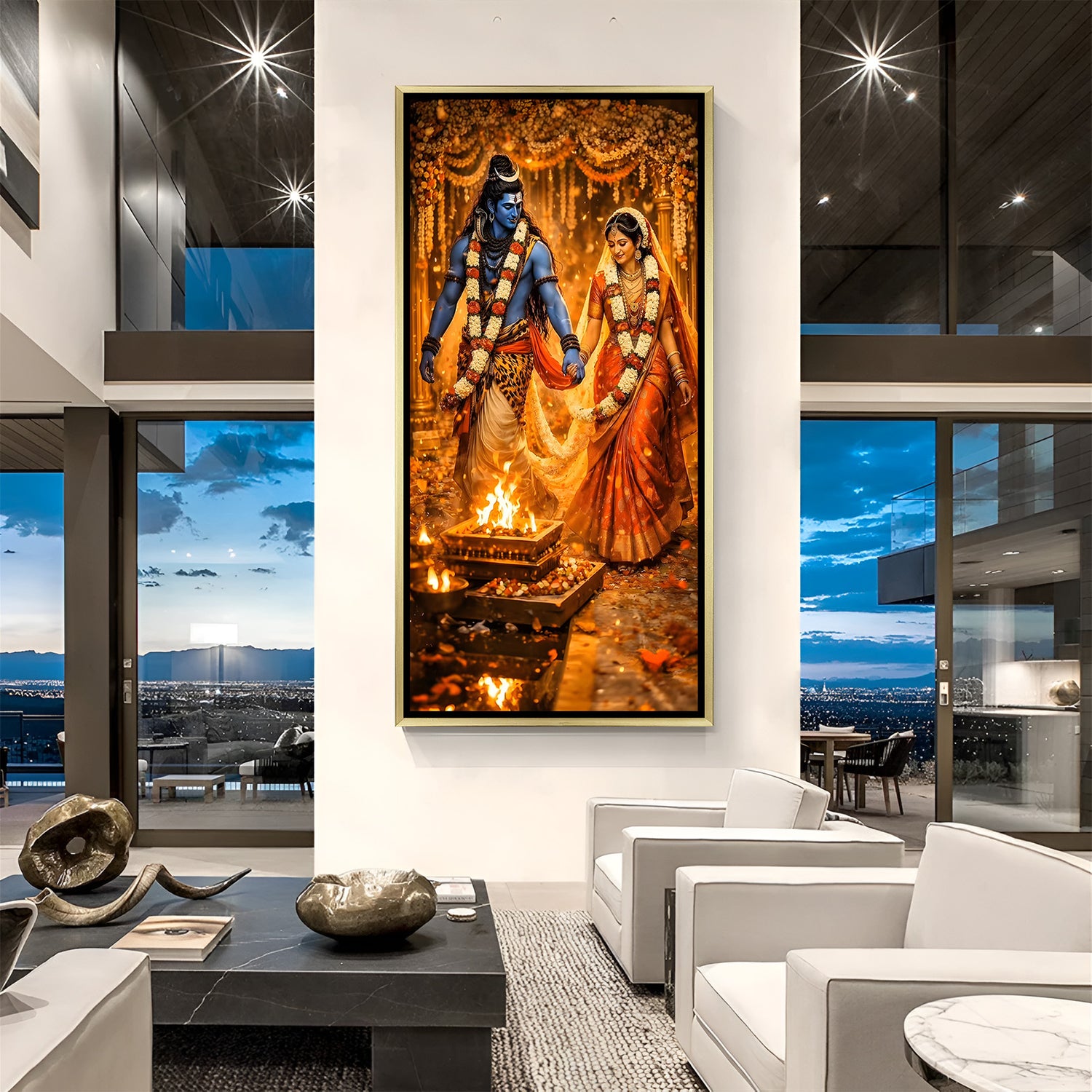 Divine Shiva Parvati wedding canvas painting in luxurious golden floater frame with traditional ceremonial details