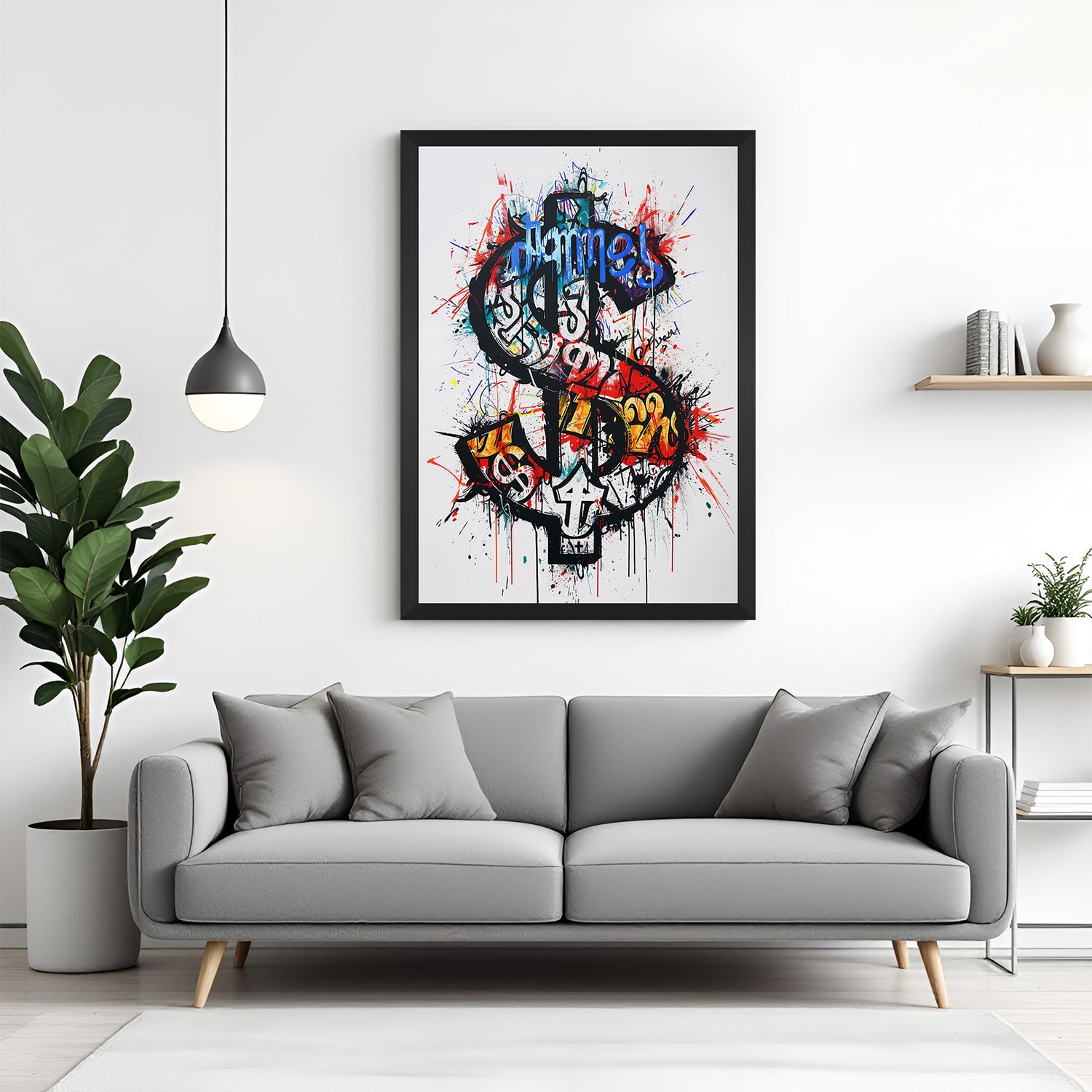 Black-framed modern canvas of dollar sign in graffiti style—urban-themed wall decor for contemporary, ambitious, or startup-inspired spaces