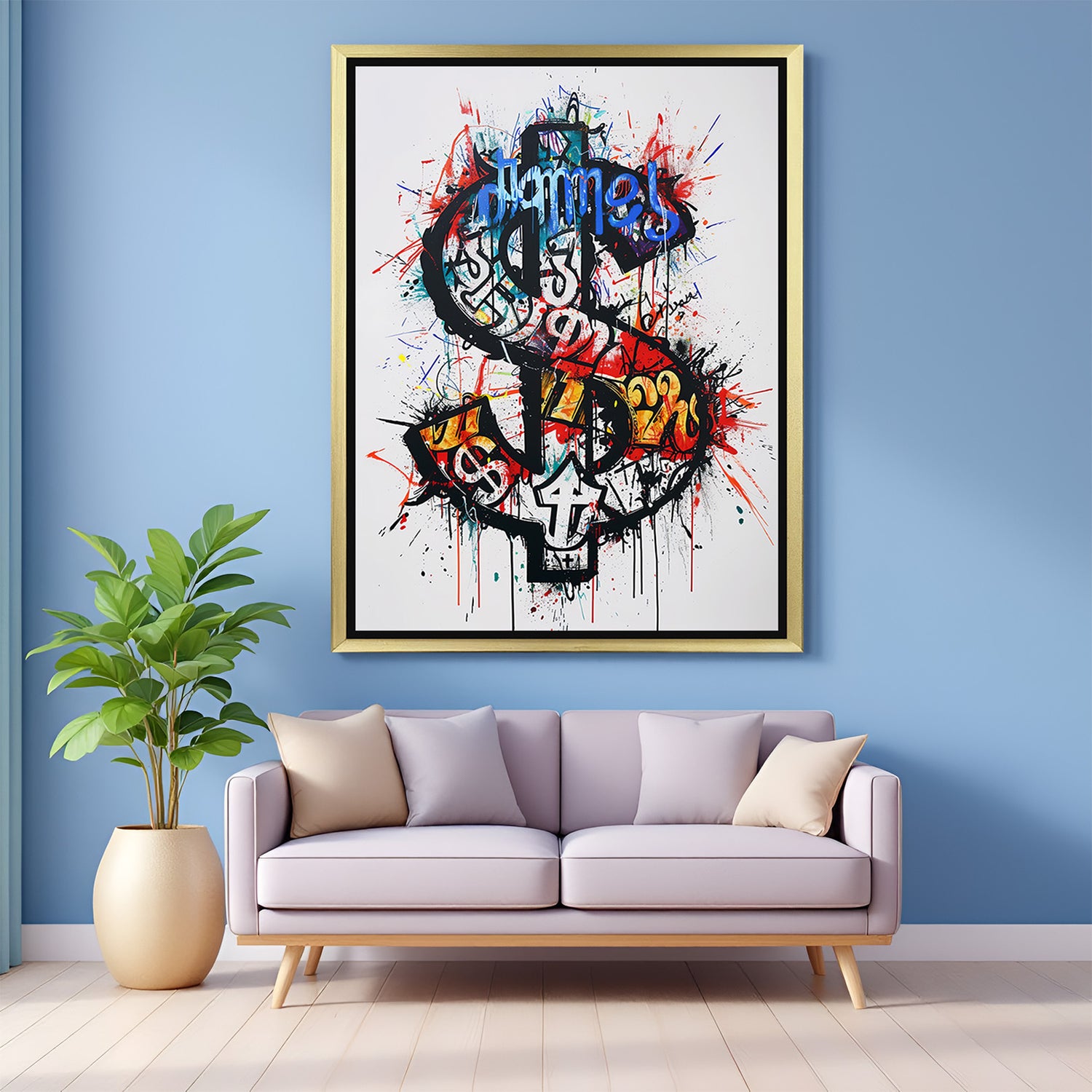 Golden-framed modern canvas featuring graffiti-style dollar sign artwork—perfect for luxury-inspired interiors with urban artistic influence