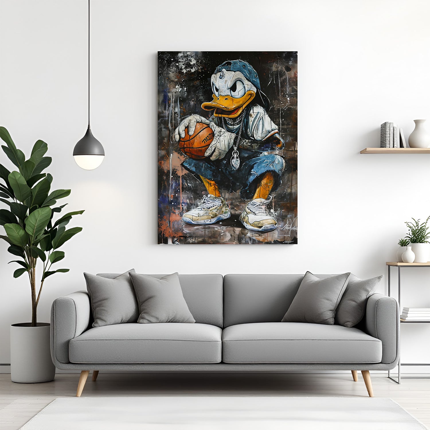 Donald Duck playing basketball in vibrant modern art style, expressive canvas wall print for fun and bold home decor