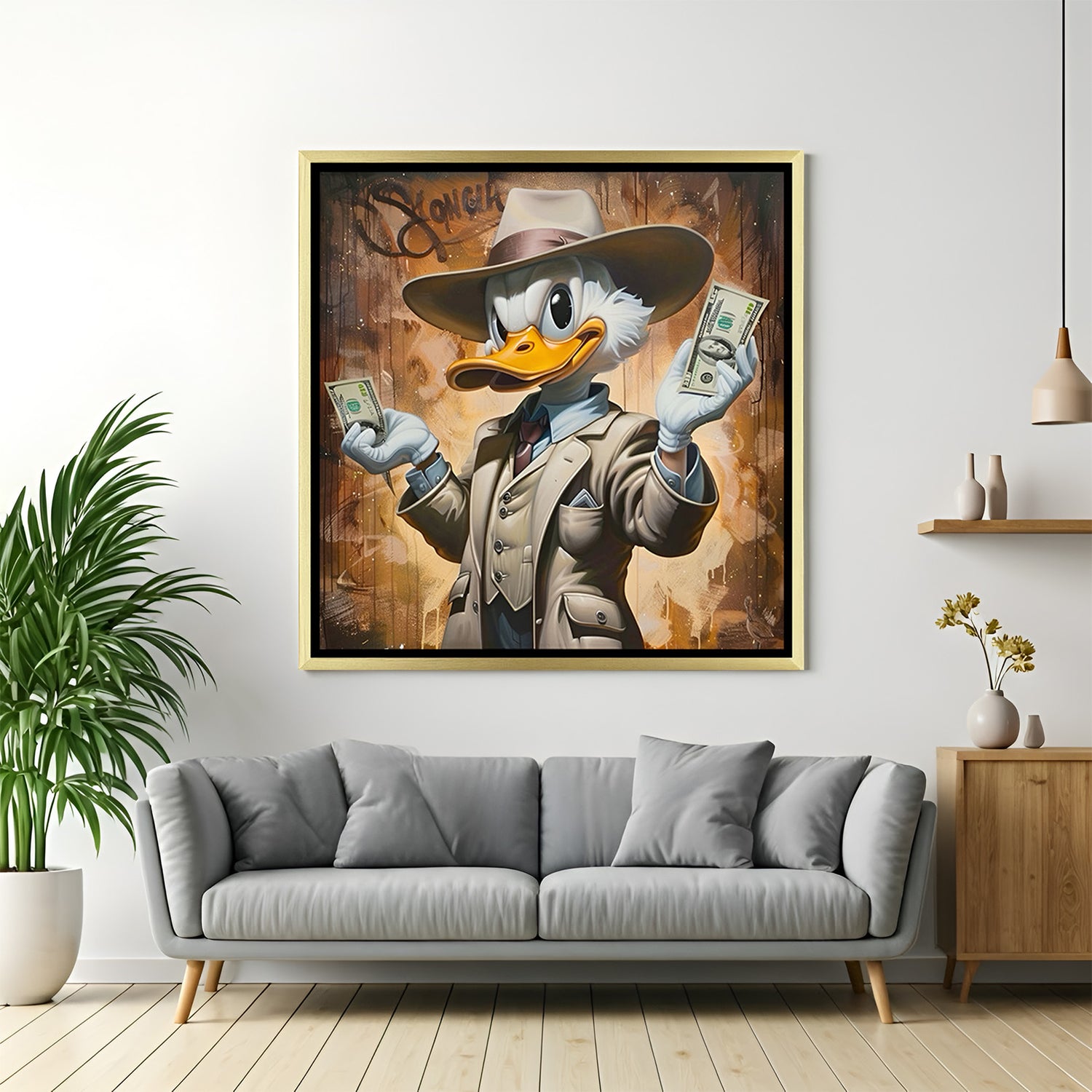 Donald Duck dollar bill artwork in gold frame – luxurious Disney pop-art print