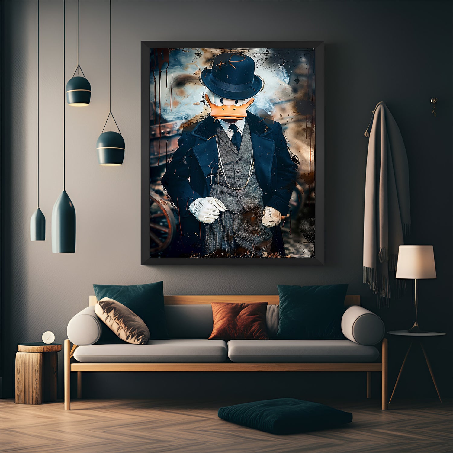 Framed canvas art of Donald Duck with mafia attitude and Peaky Blinder hat in black frame, blending modern painted style with gangster-inspired vibe