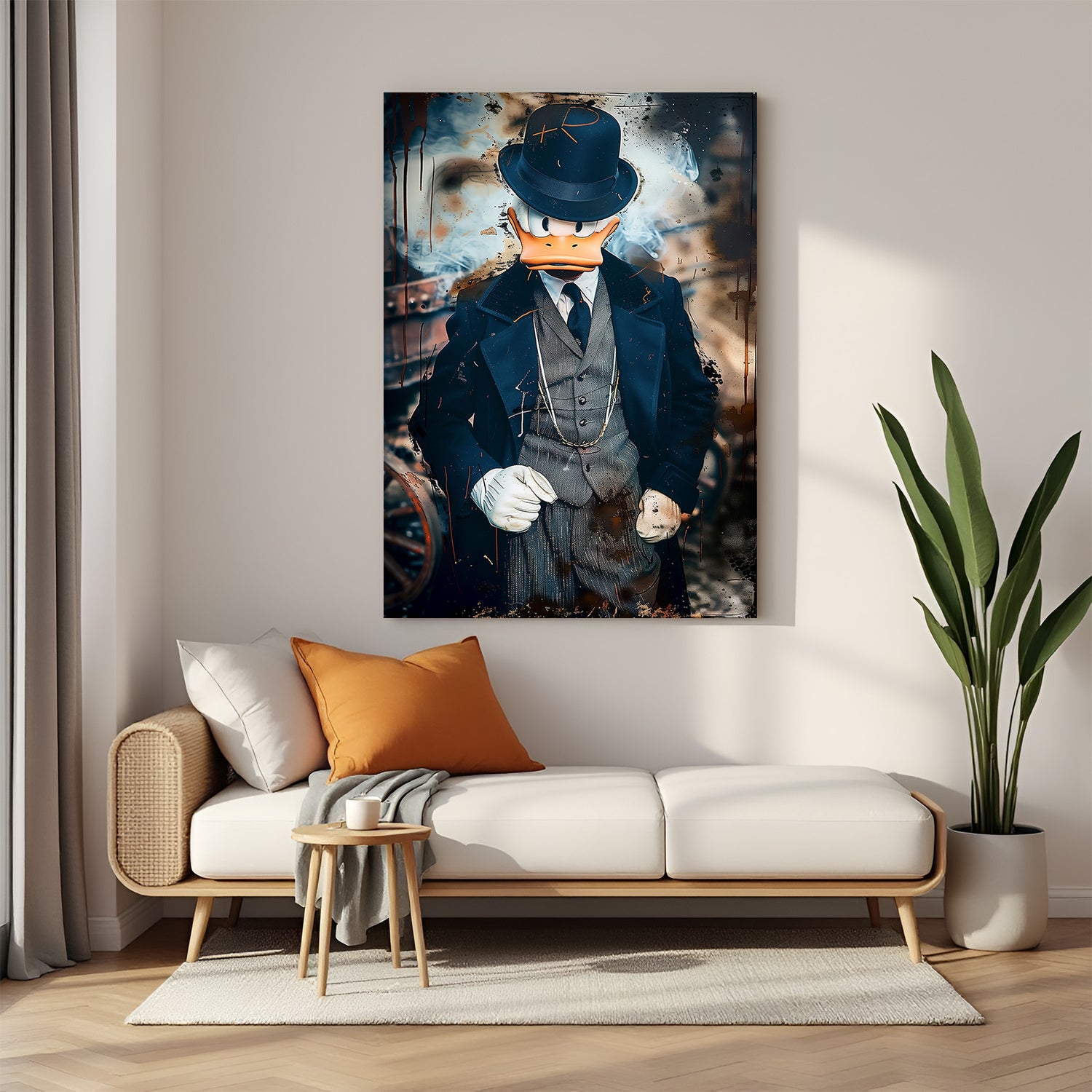 Donald Duck dressed in Peaky Blinder mafia outfit with hat, painted in modern art style—perfect for bold and stylish character wall decor