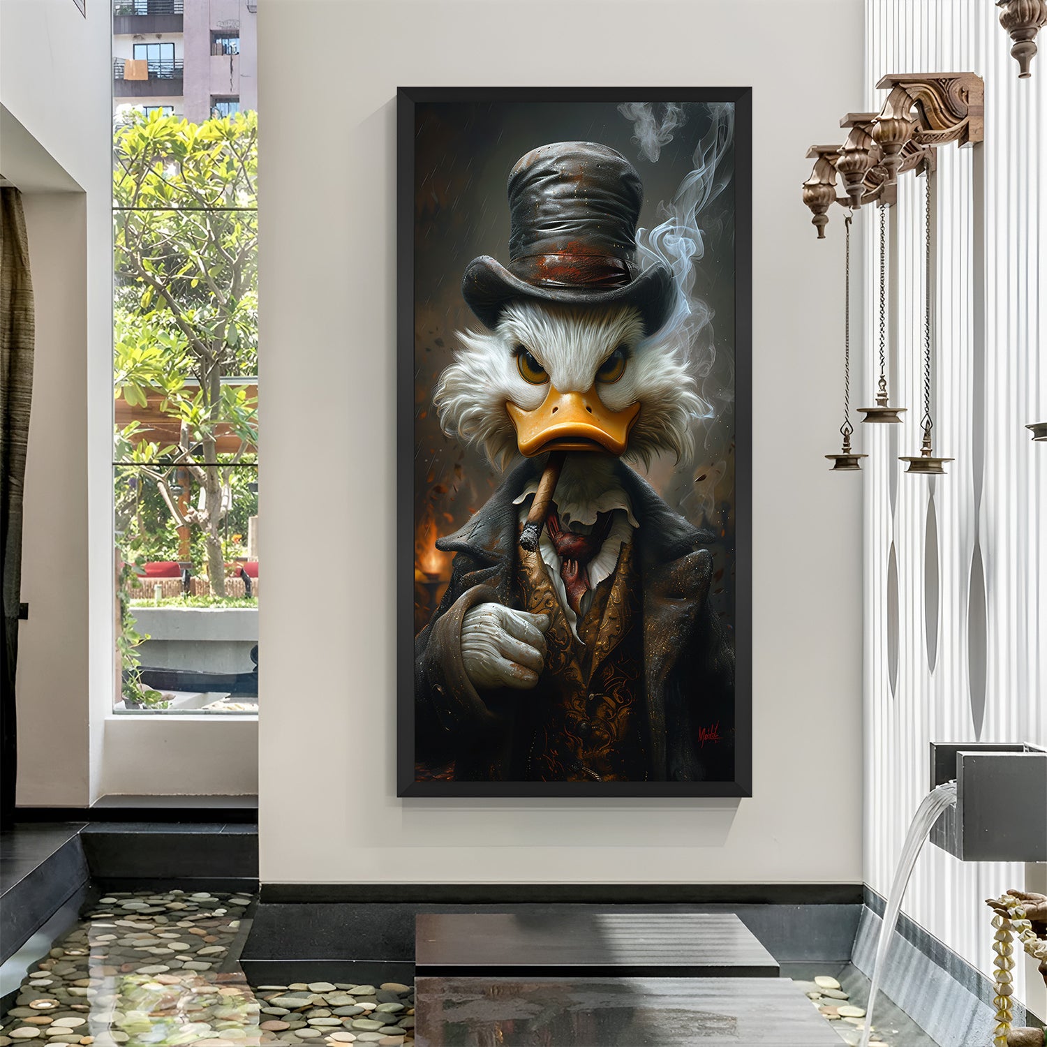 Black floater frame version of Donald Duck smoking cigar wall art in painted modern style—ideal for masculine or pop culture-inspired home and office decor